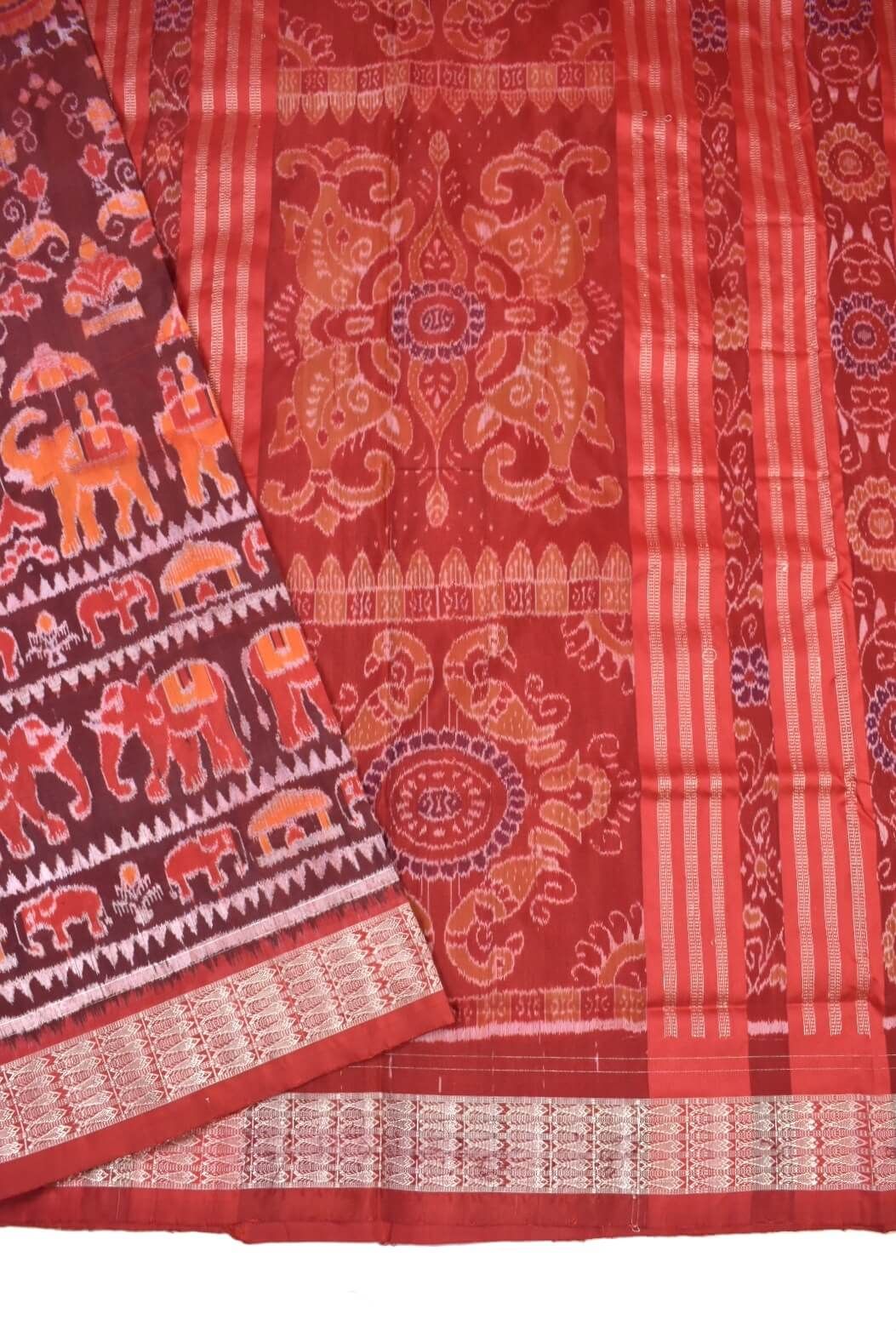 Maroon-Red Colour Sambalpuri Handloom Bandha Silk Saree - Image 3
