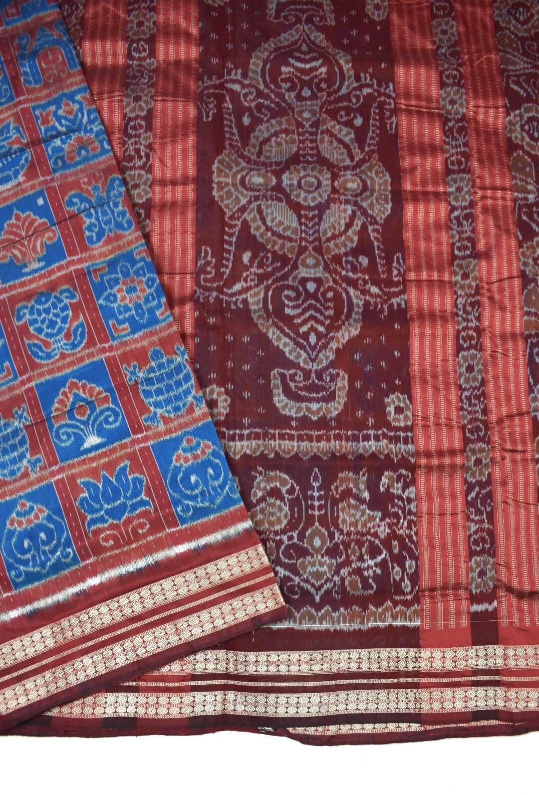 Red-Blue Colour Sambalpuri Handloom Bandha Silk Saree - Image 3