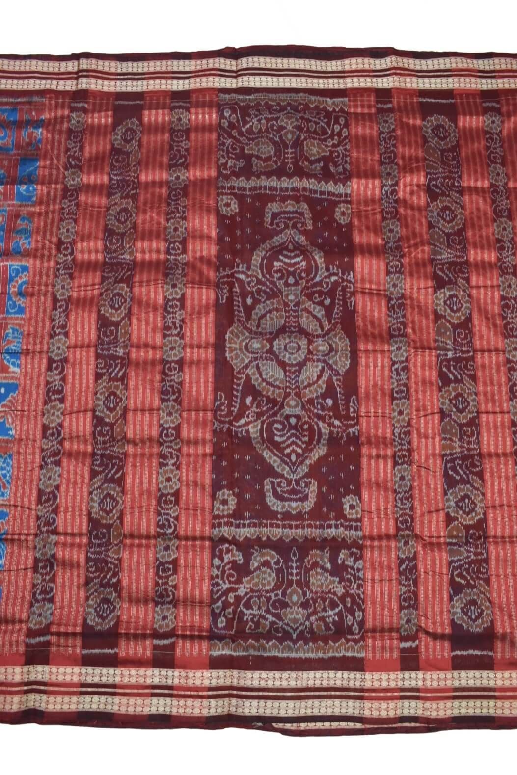 Red-Blue Colour Sambalpuri Handloom Bandha Silk Saree - Image 2