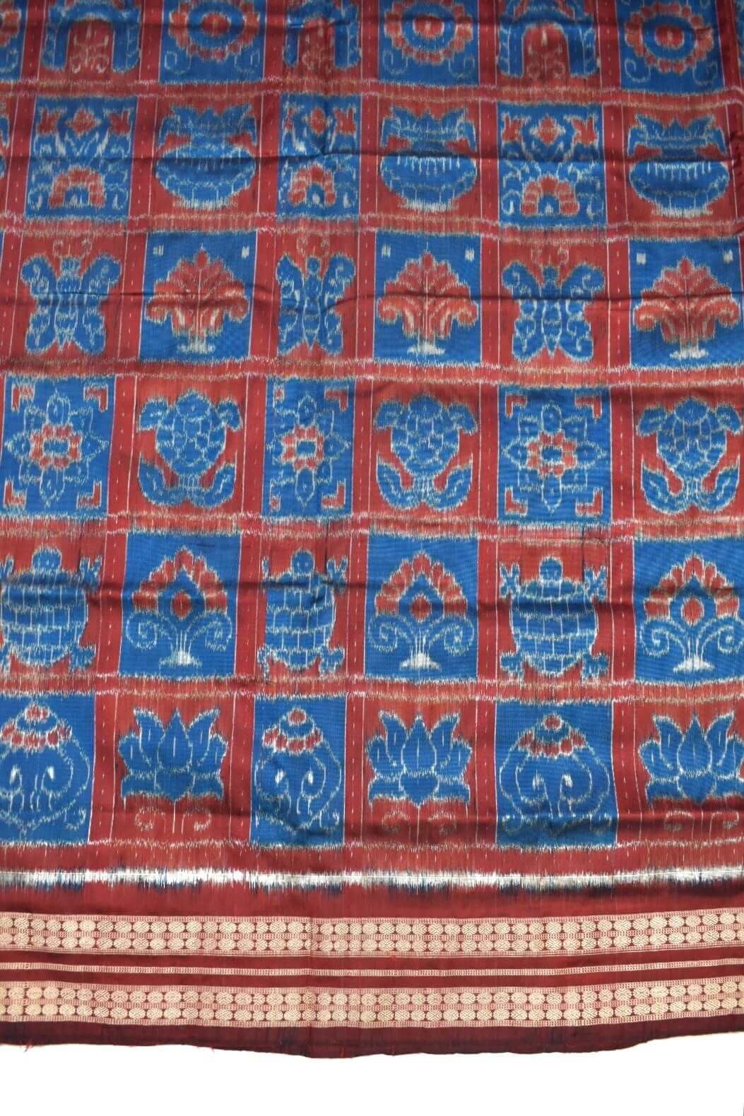 Red-Blue Colour Sambalpuri Handloom Bandha Silk Saree - Image 4