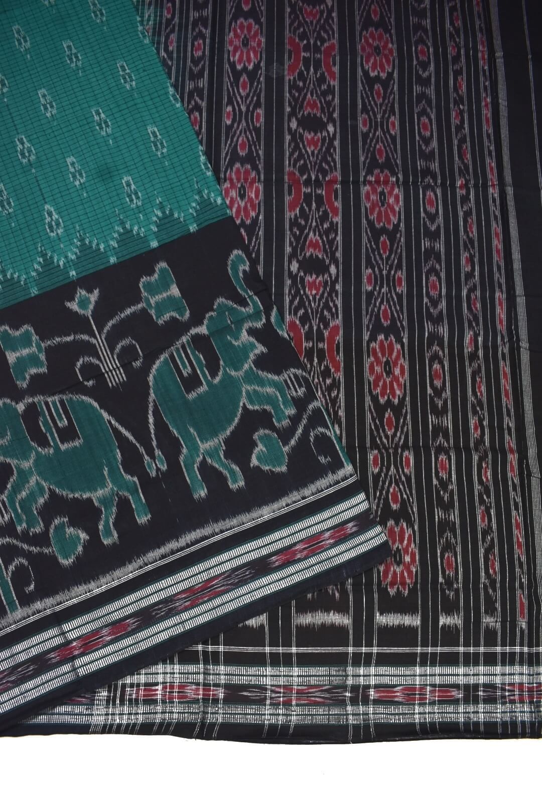 Sky-Black Colour Sambalpuri Handloom Mania Bandha Cotton Saree - Image 3