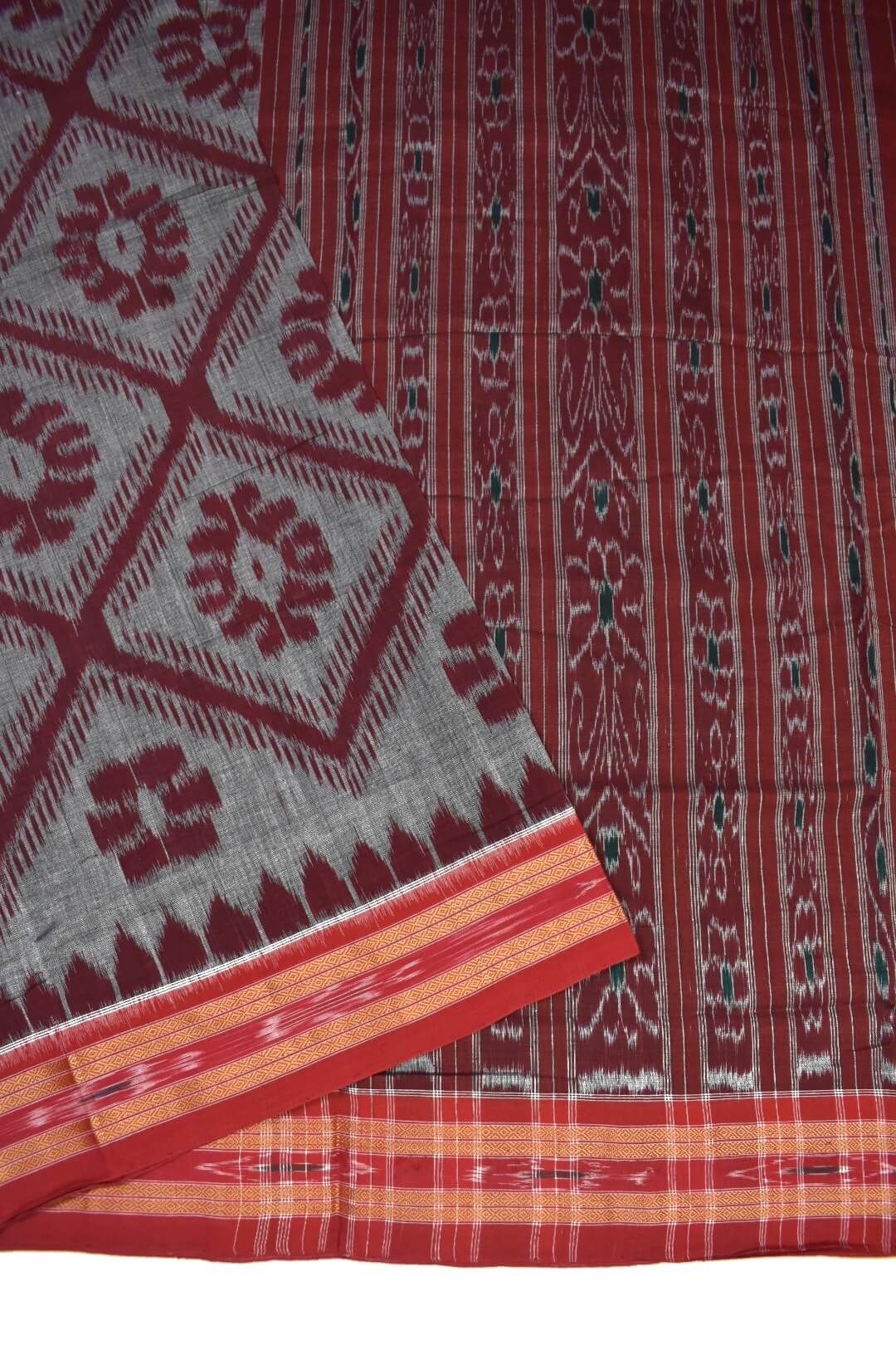 Gray-Red Colour Sambalpuri Handloom Mania Bandha Cotton Saree - Image 3