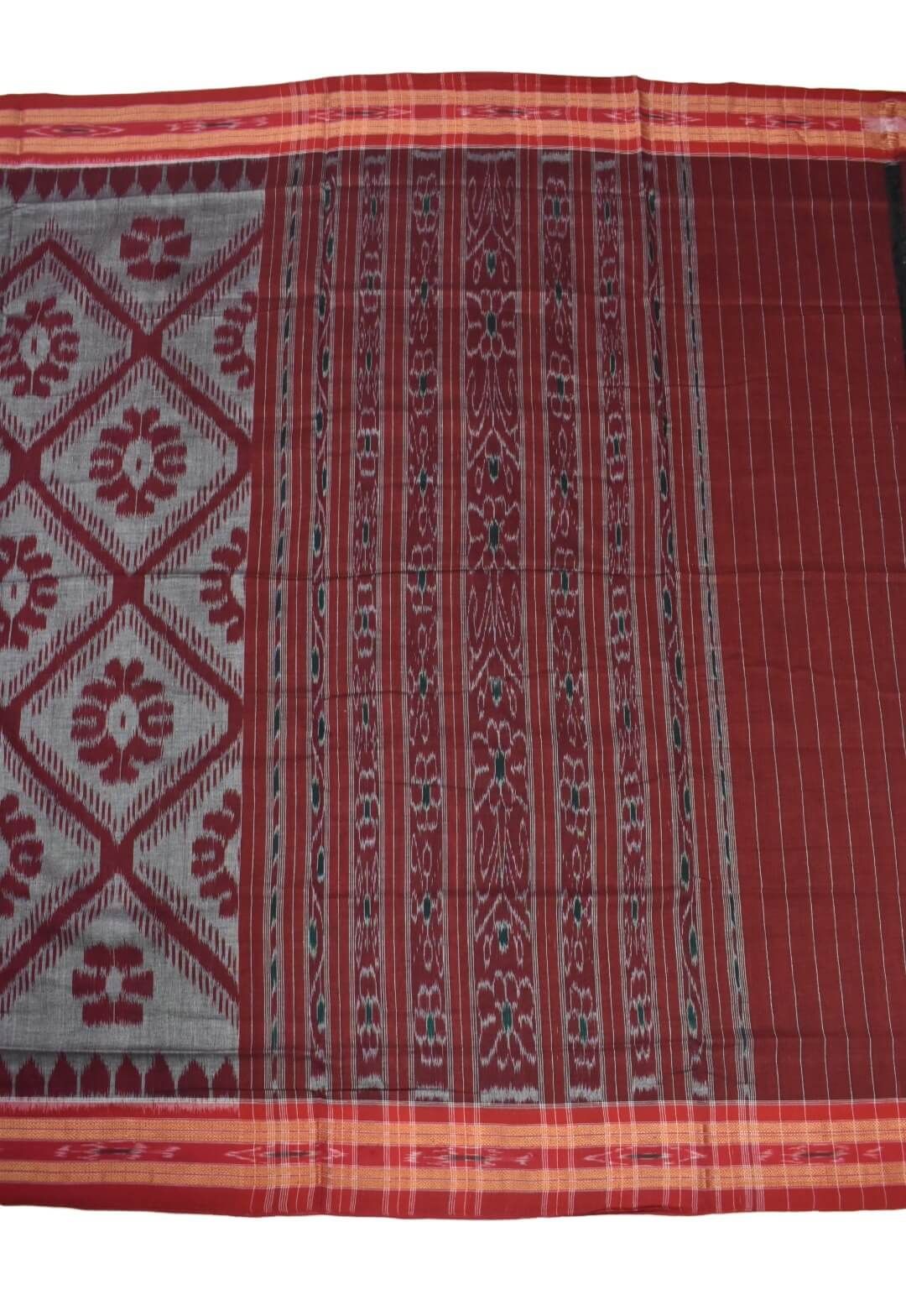 Gray-Red Colour Sambalpuri Handloom Mania Bandha Cotton Saree - Image 2