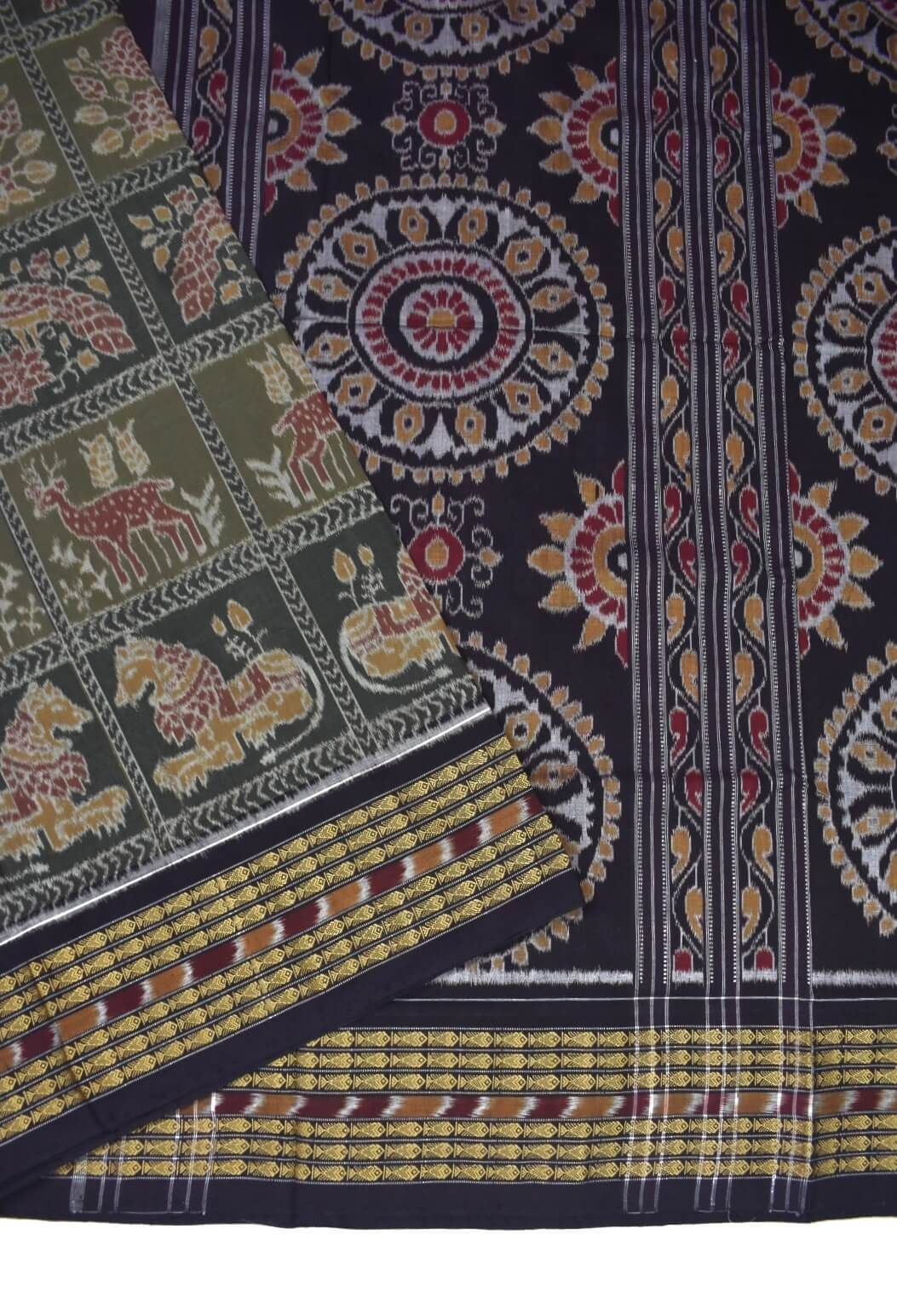 Green-Black Colour Sambalpuri Handloom Cotton Saree - Image 3