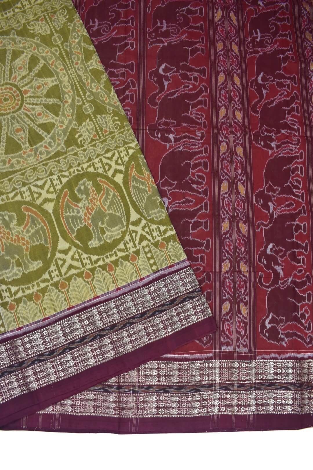 Green Colour Sambalpuri Handloom Cotton Saree - Image 3