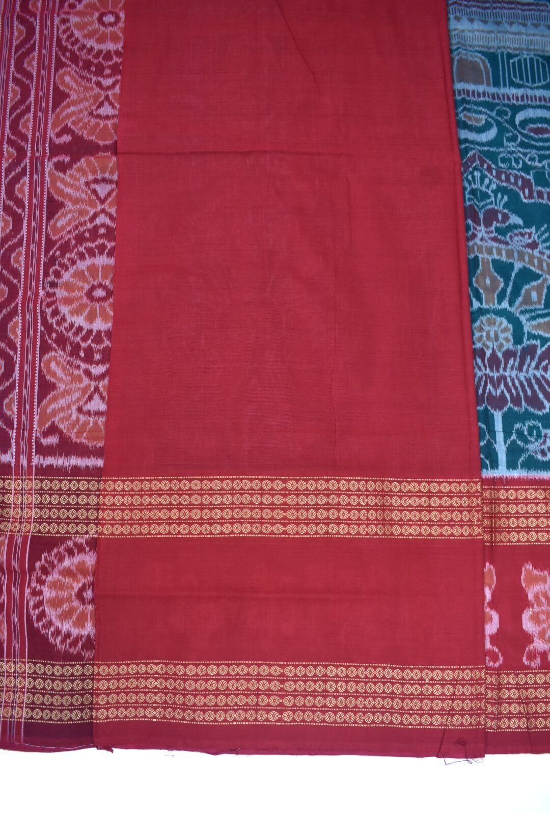 Green-Red Colour Sambalpuri Handloom Cotton Saree - Image 5