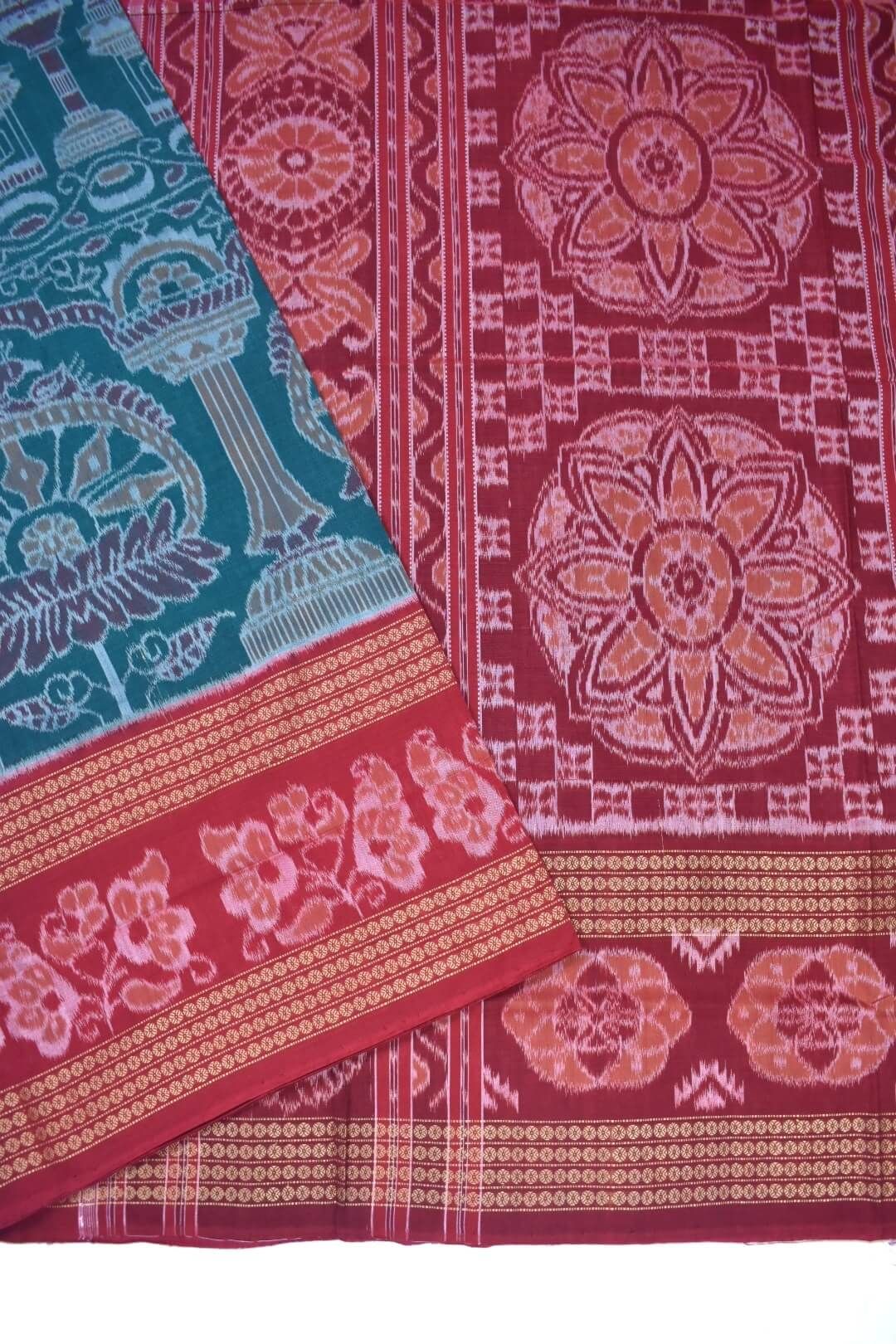Green-Red Colour Sambalpuri Handloom Cotton Saree - Image 3