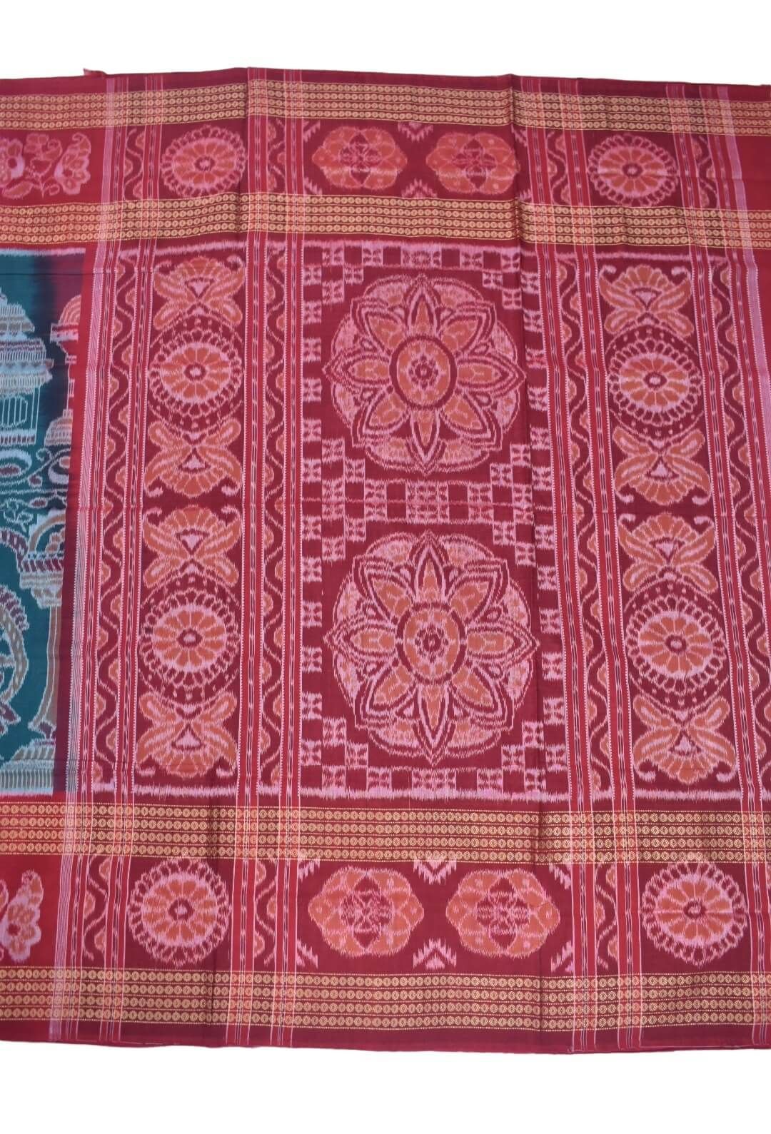 Green-Red Colour Sambalpuri Handloom Cotton Saree - Image 2