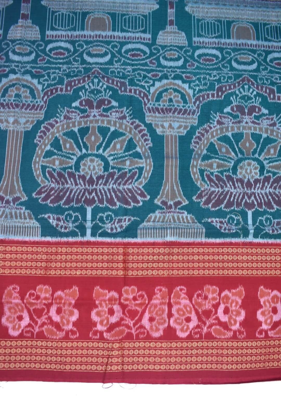 Green-Red Colour Sambalpuri Handloom Cotton Saree - Image 4