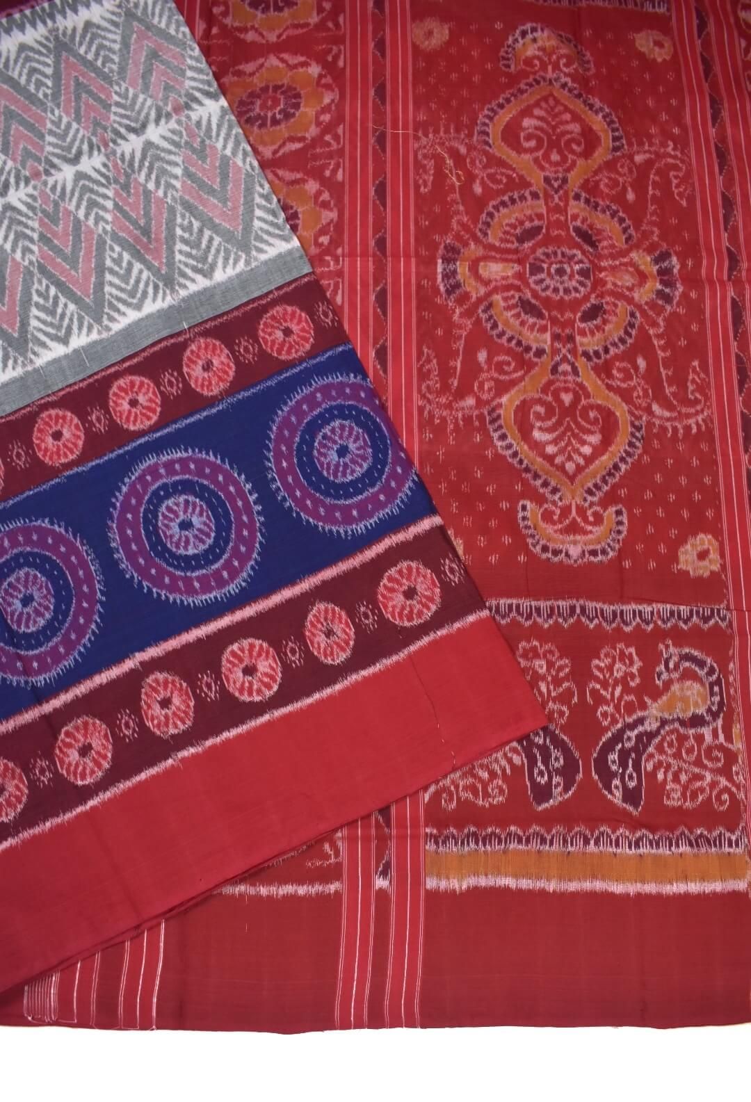Gray-Red Colour Sambalpuri Handloom Cotton Saree - Image 3