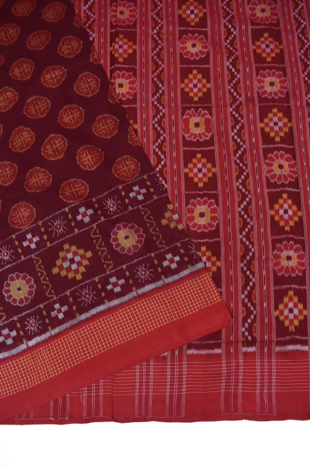 Red Colour Sambalpuri Handloom Cotton Saree - Image 3