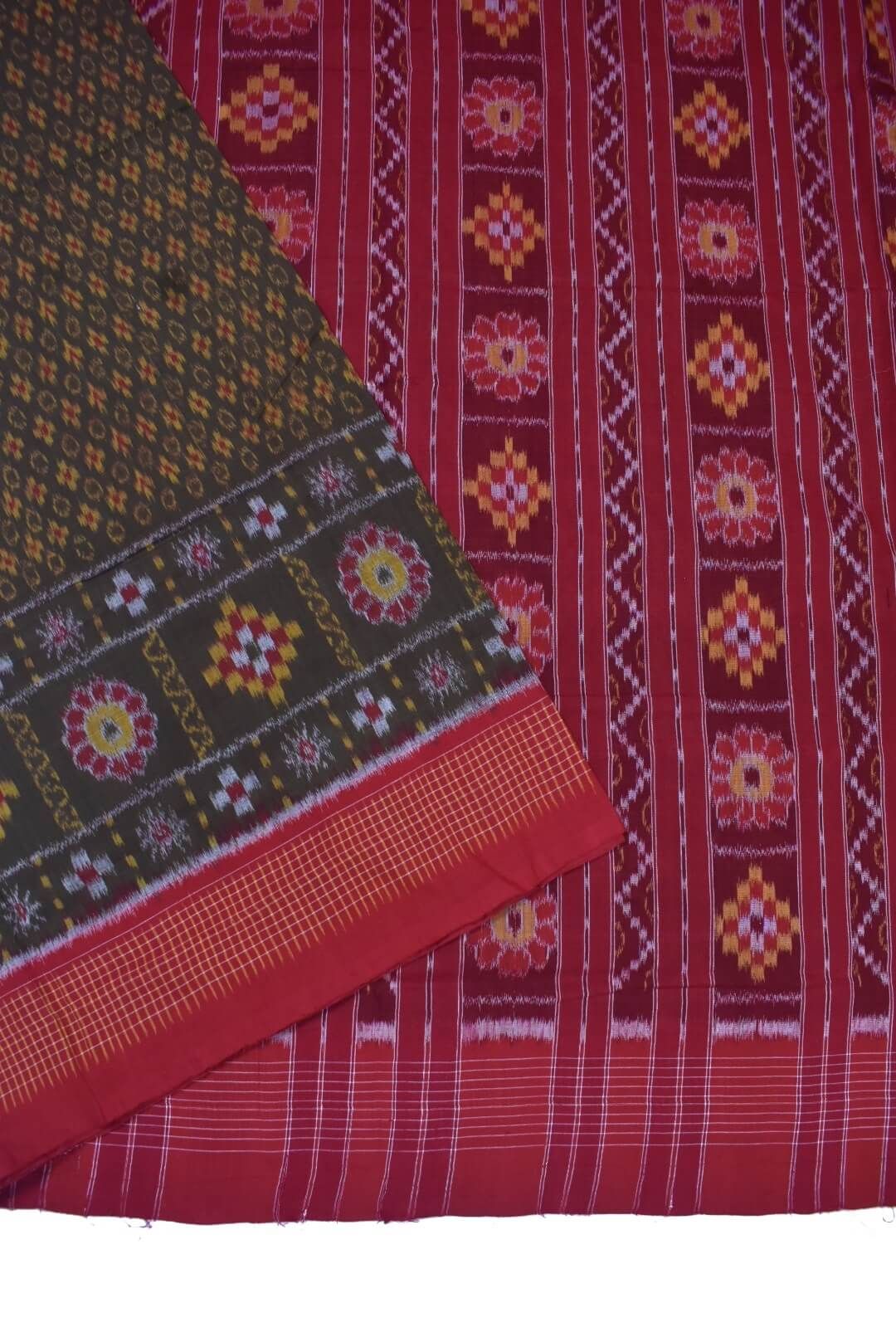 Green-Red Colour Sambalpuri Handloom Cotton Saree - Image 3