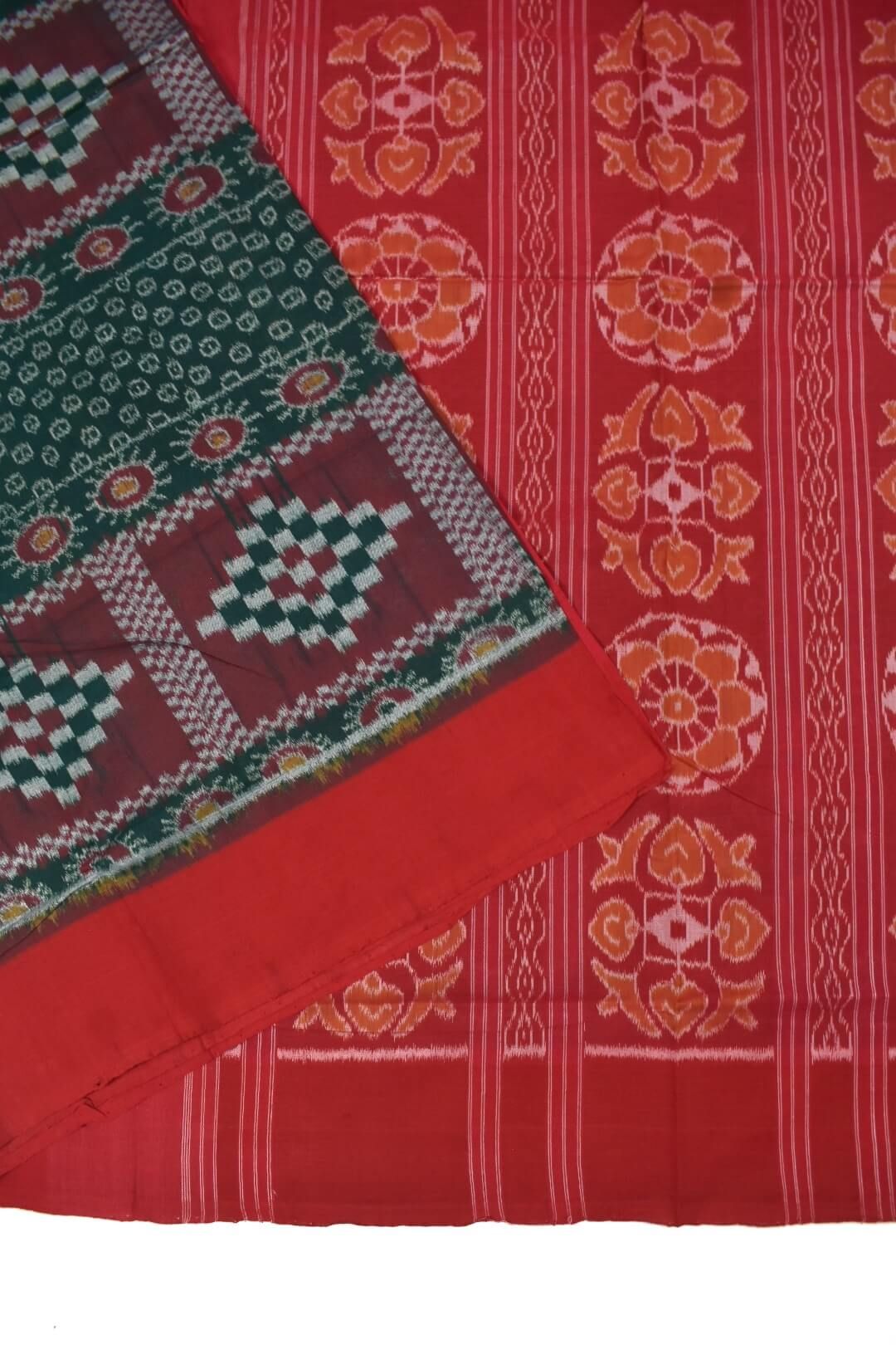 Green-Red Colour Sambalpuri Handloom Cotton Saree - Image 3