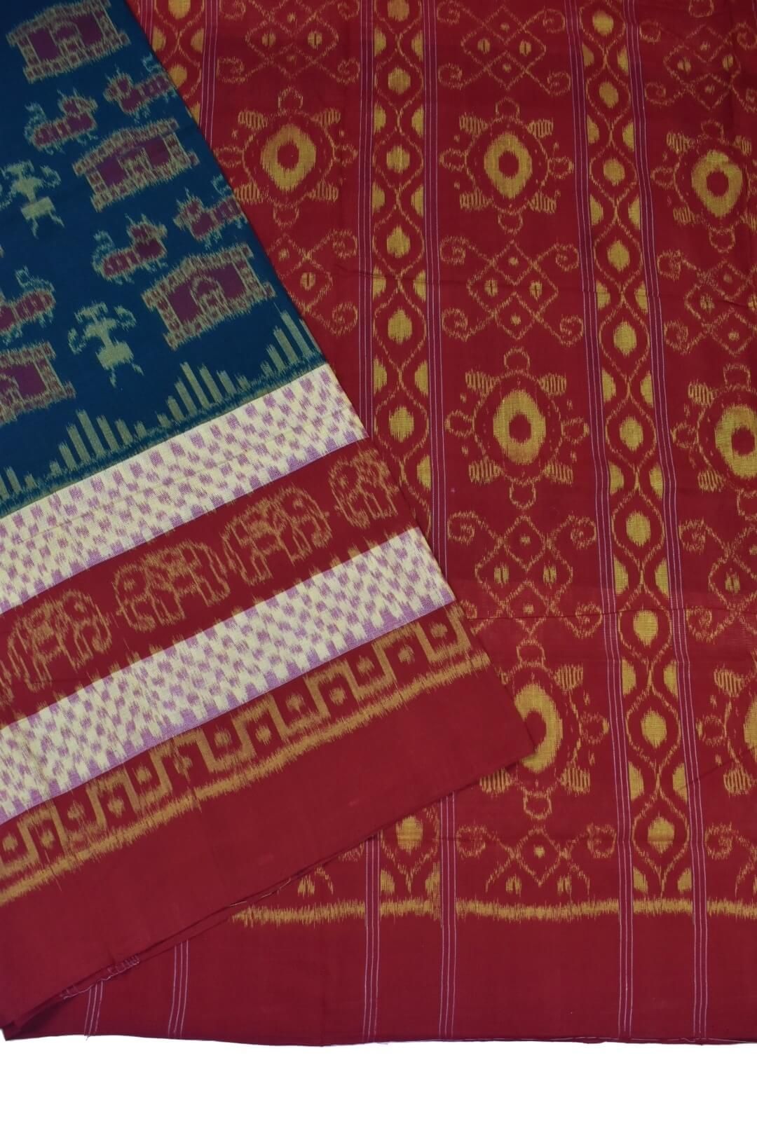 Green-Red Colour Sambalpuri Handloom Cotton Saree - Image 3