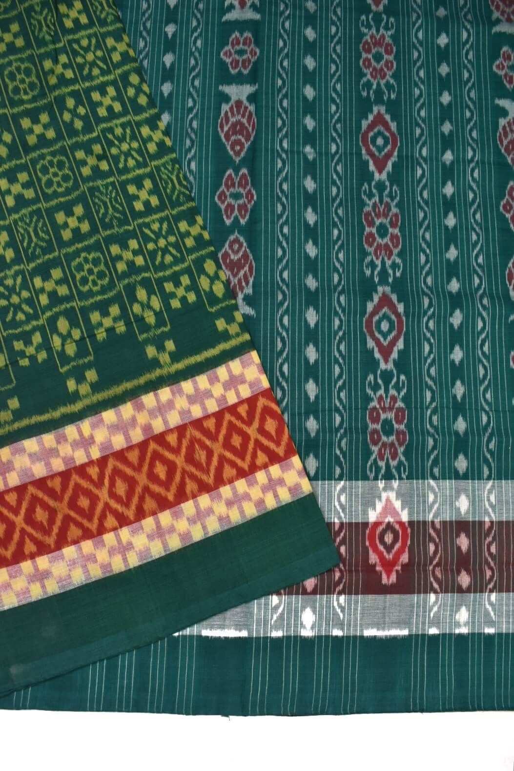 Green-Red Colour Sambalpuri Handloom Cotton Saree - Image 3