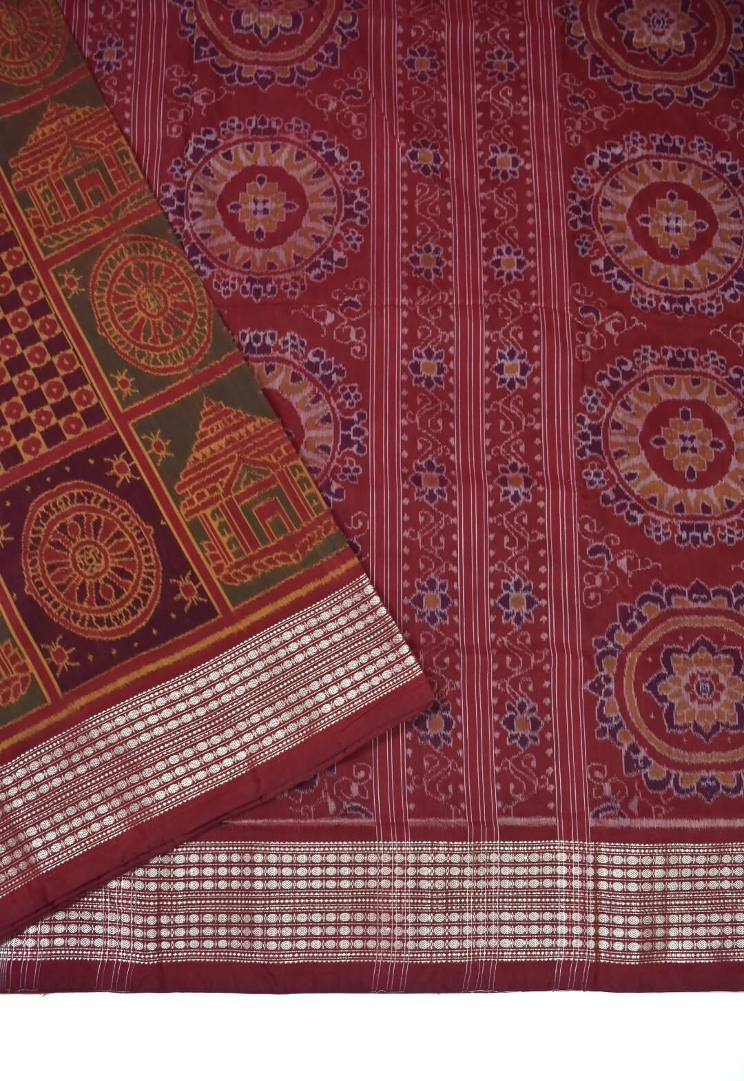 Red-Green Combination Chakra Design Sambalpuri Handloom Cotton/silk mix Saree - Image 3