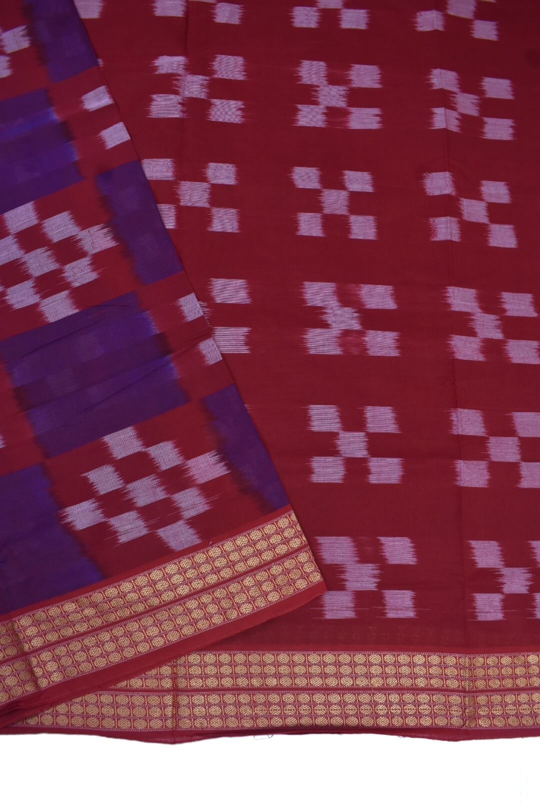 Purple-Red Colour Pasapali Design Sambalpuri Powerloom Cotton Saree - Image 3