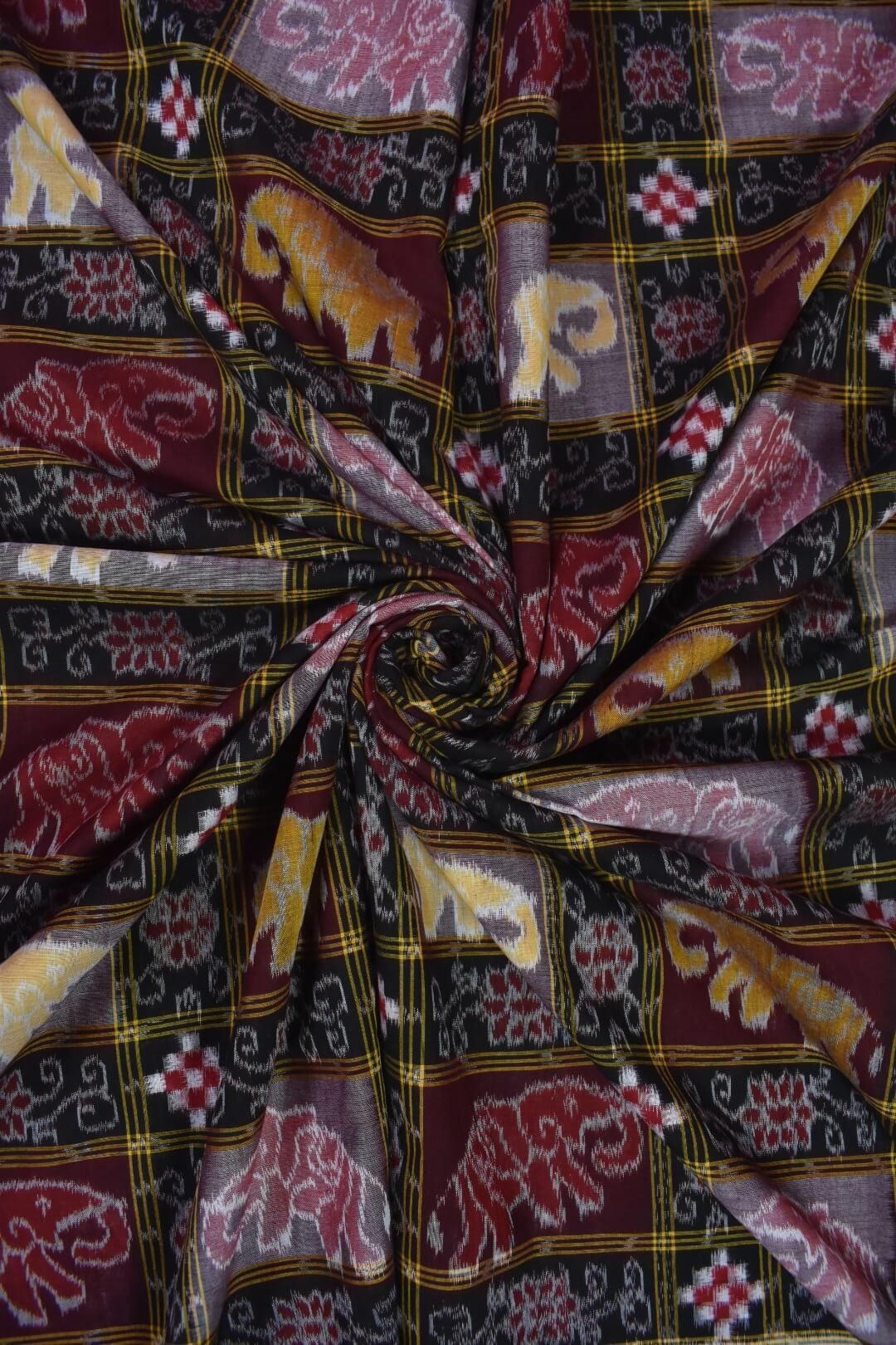 Black-Red Combination Flower Design Sambalpuri Handloom Cotton Fabric