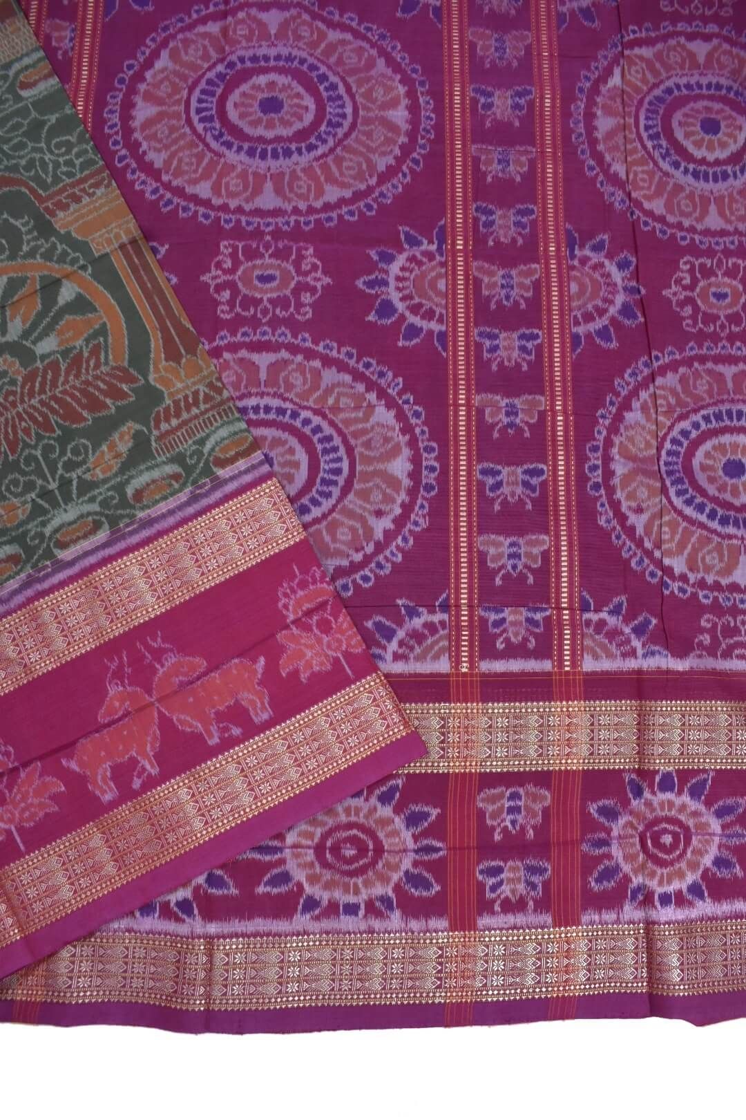 Green-Pink Colour Konark Design Sambalpuri Handloom Bandha Cotton Saree - Image 3