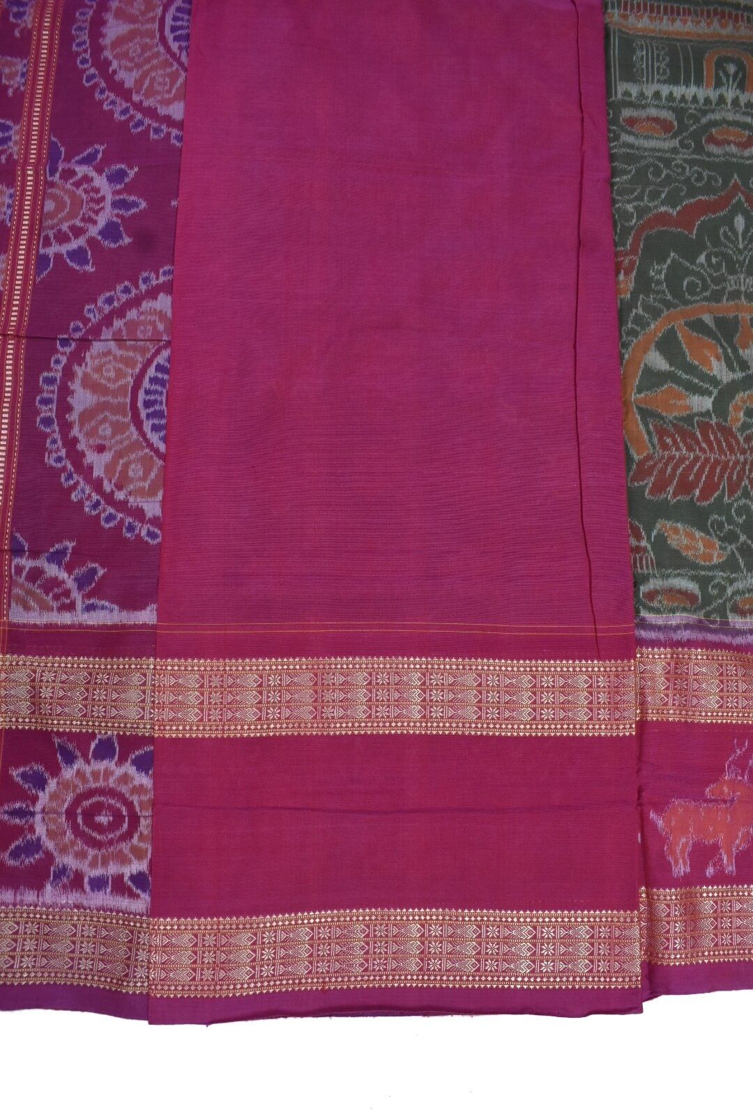 Green-Pink Colour Konark Design Sambalpuri Handloom Bandha Cotton Saree - Image 5
