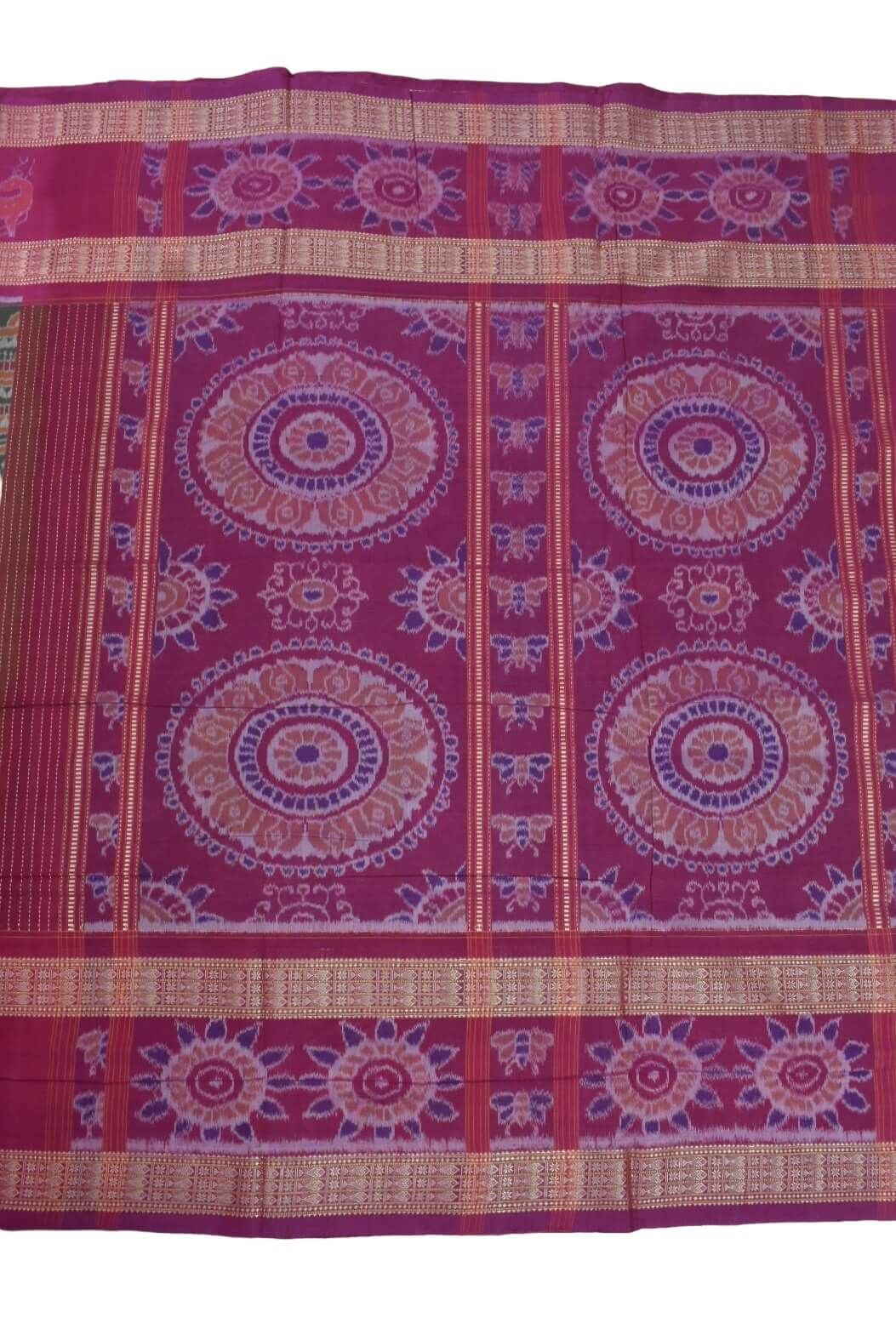 Green-Pink Colour Konark Design Sambalpuri Handloom Bandha Cotton Saree - Image 2