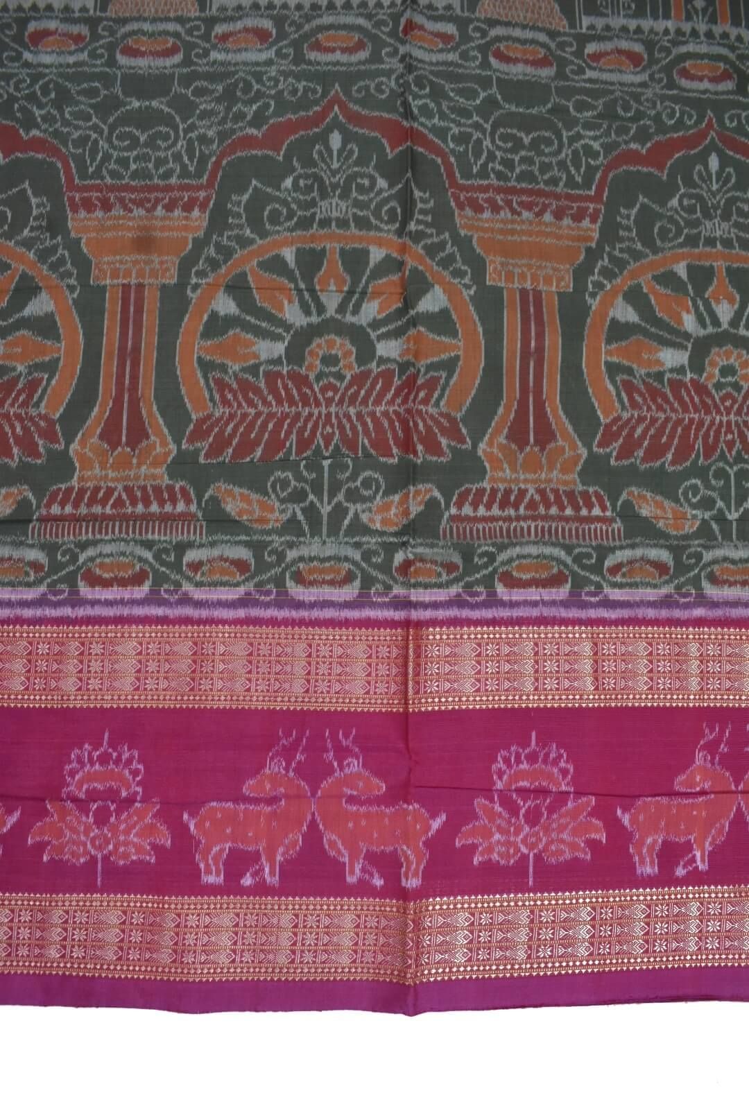 Green-Pink Colour Konark Design Sambalpuri Handloom Bandha Cotton Saree - Image 4