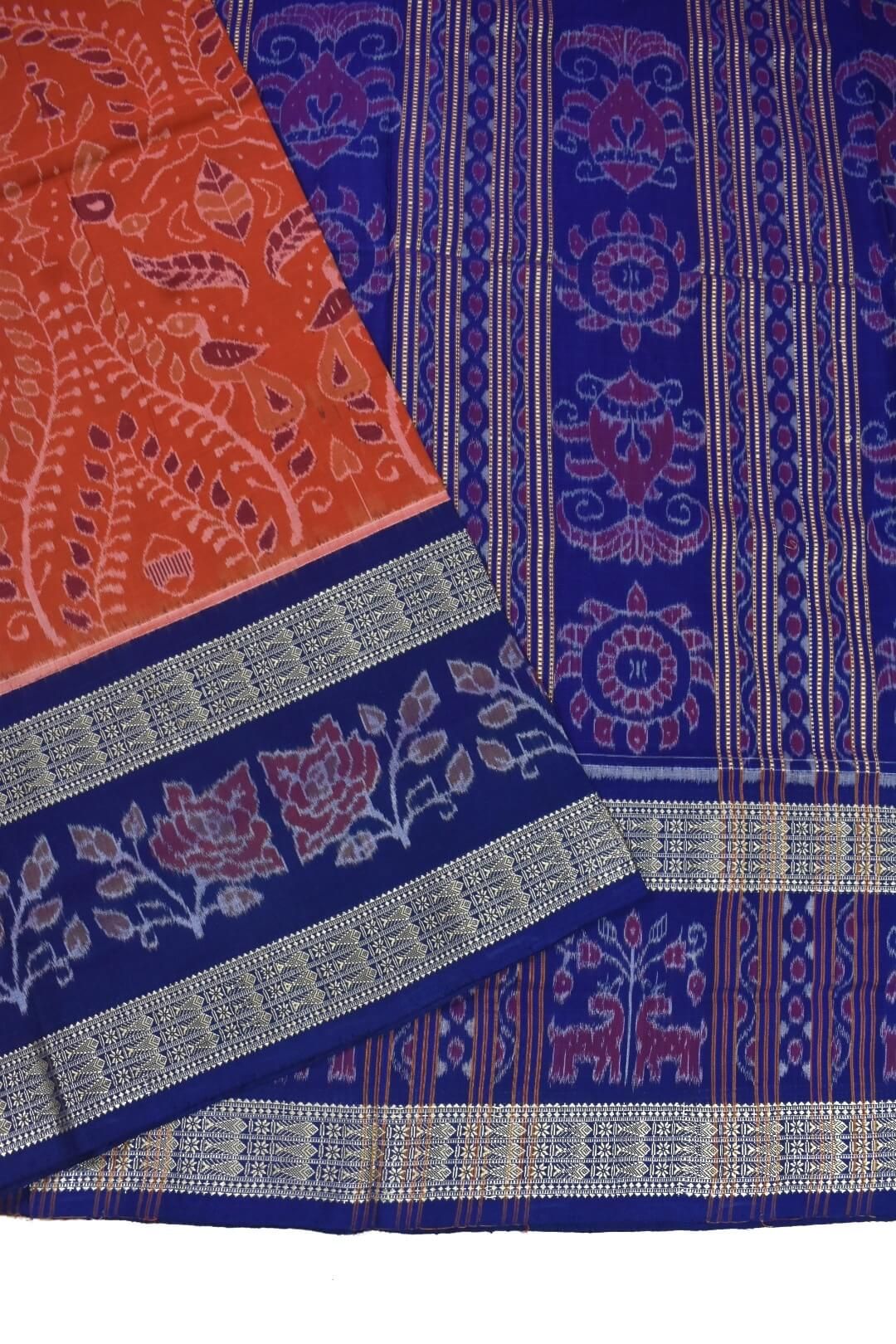 Orange-Blue Colour Double Border Sambalpuri Handloom Cotton Bandha Saree - Image 3