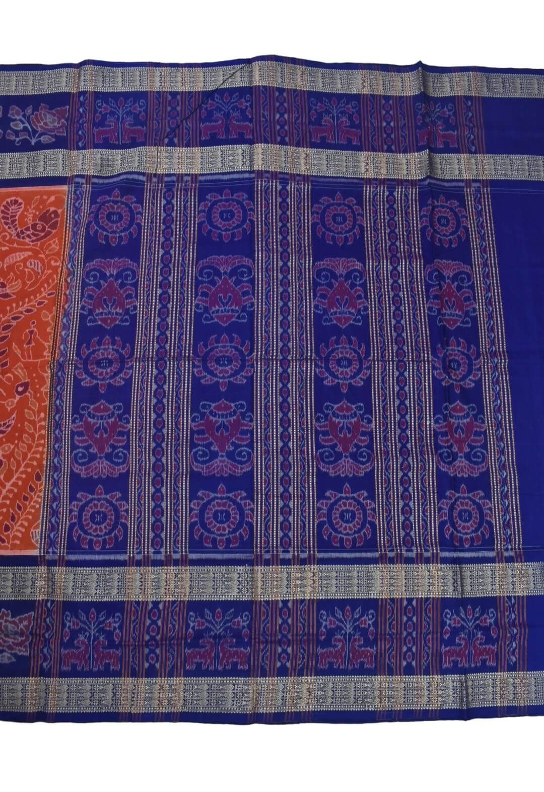 Orange-Blue Colour Double Border Sambalpuri Handloom Cotton Bandha Saree - Image 2