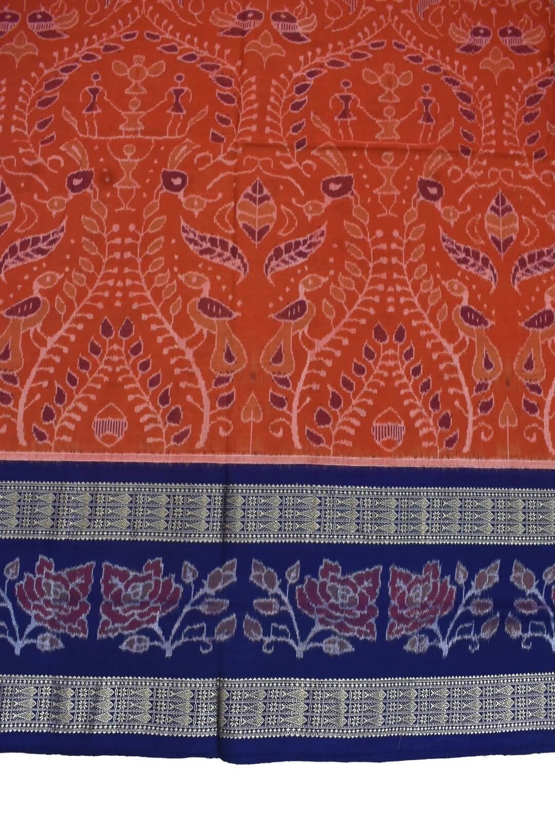 Orange-Blue Colour Double Border Sambalpuri Handloom Cotton Bandha Saree - Image 4