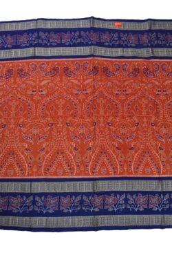 Orange-Blue Colour Double Border Sambalpuri Handloom Cotton Bandha Saree