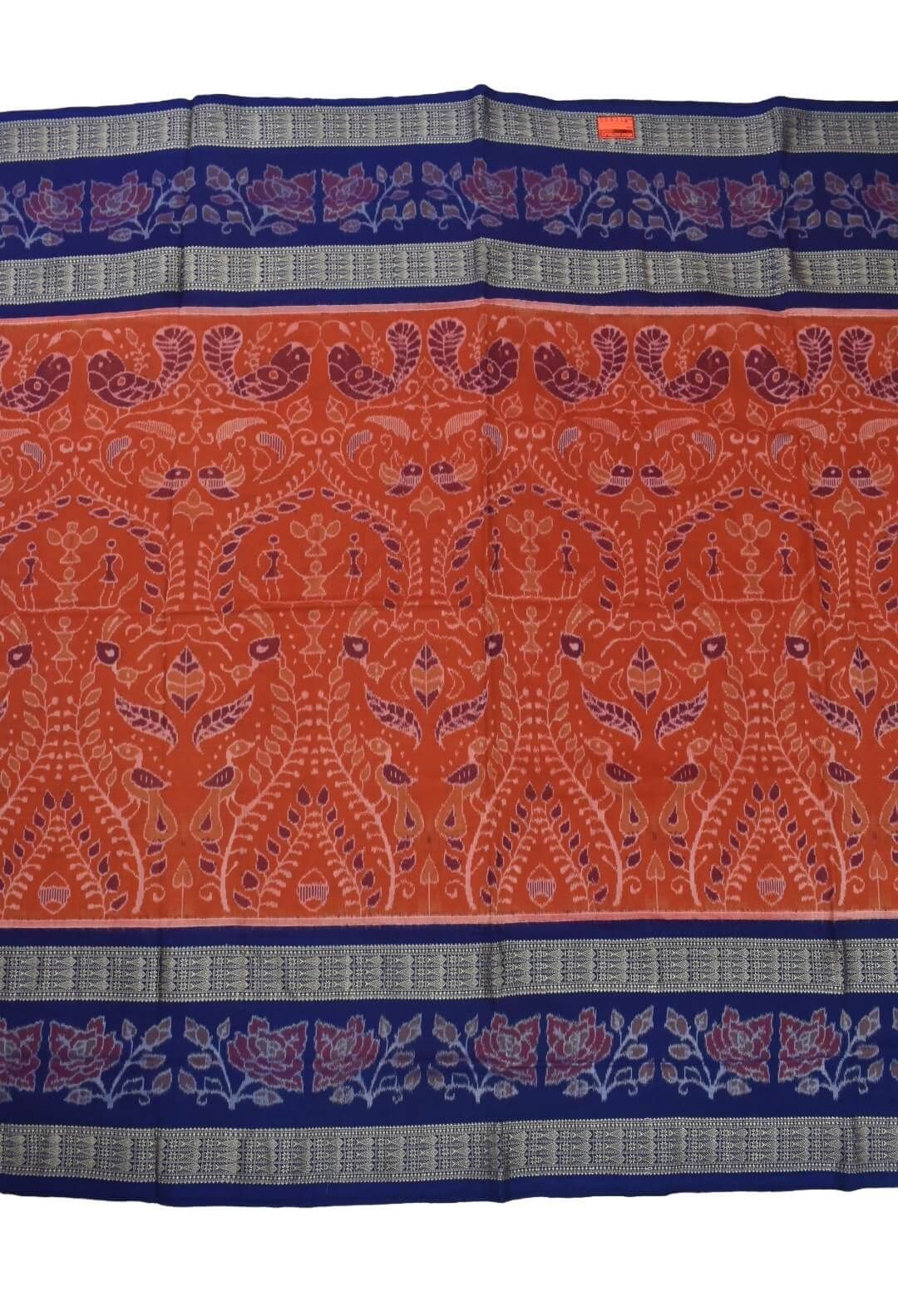Orange-Blue Colour Double Border Sambalpuri Handloom Cotton Bandha Saree