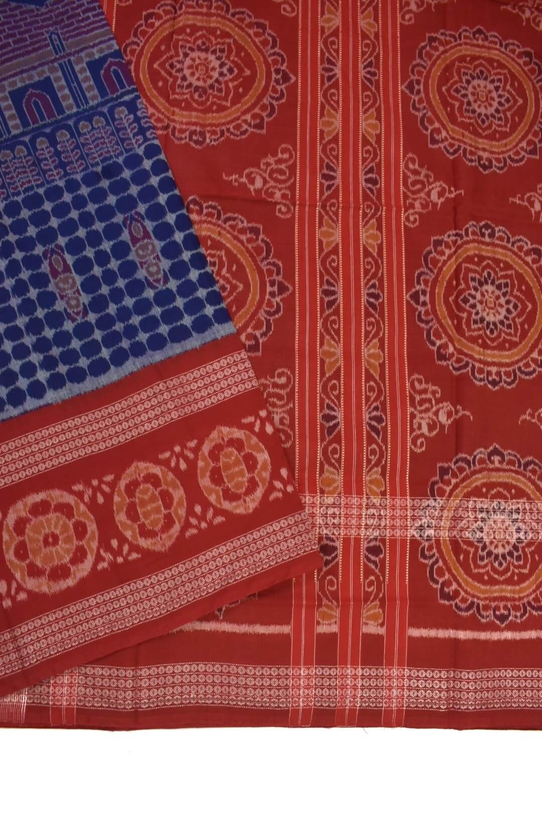 Blue-Red Colour Double Border Sambalpuri Handloom Cotton Saree - Image 3