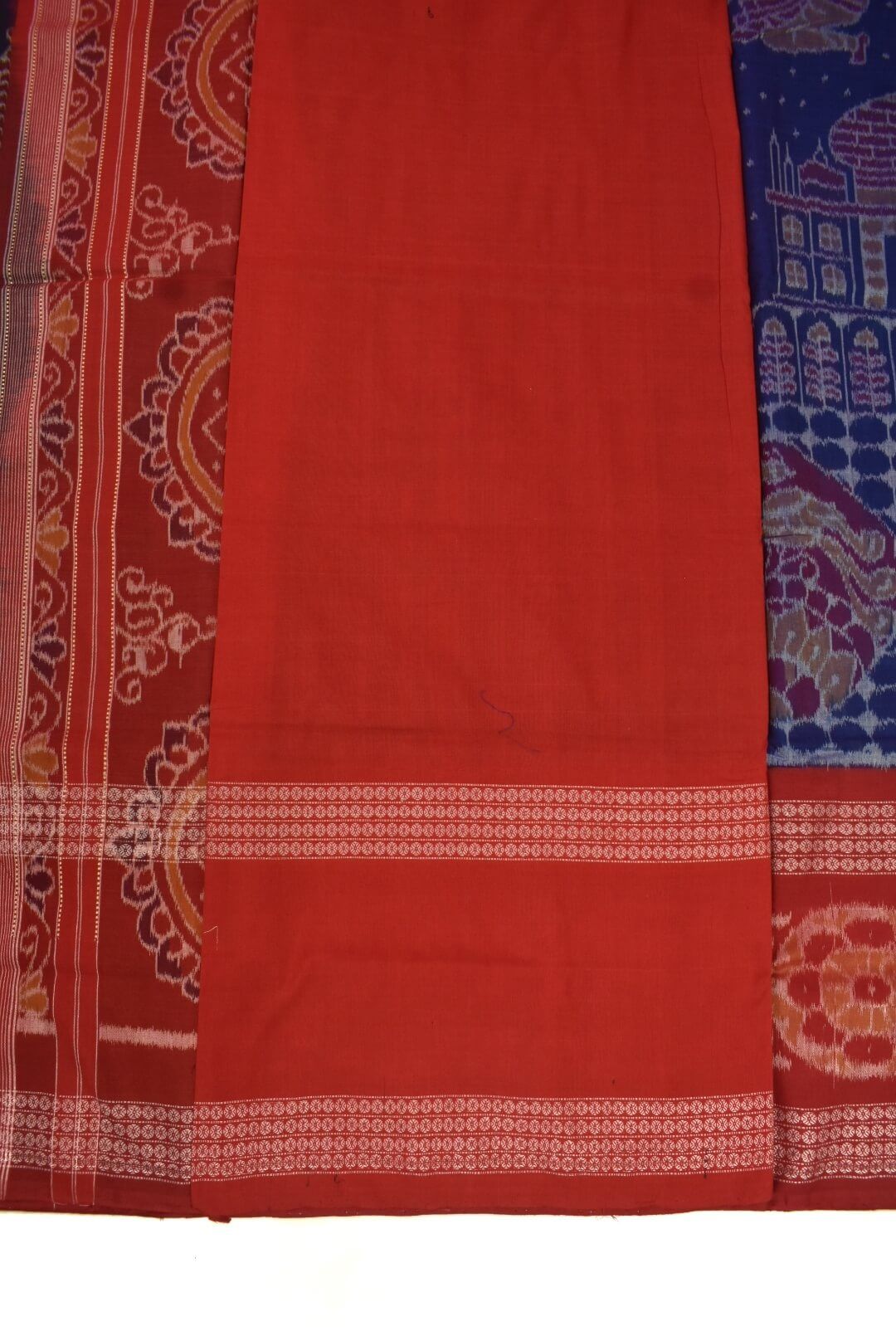 Blue-Red Colour Double Border Sambalpuri Handloom Cotton Saree - Image 5