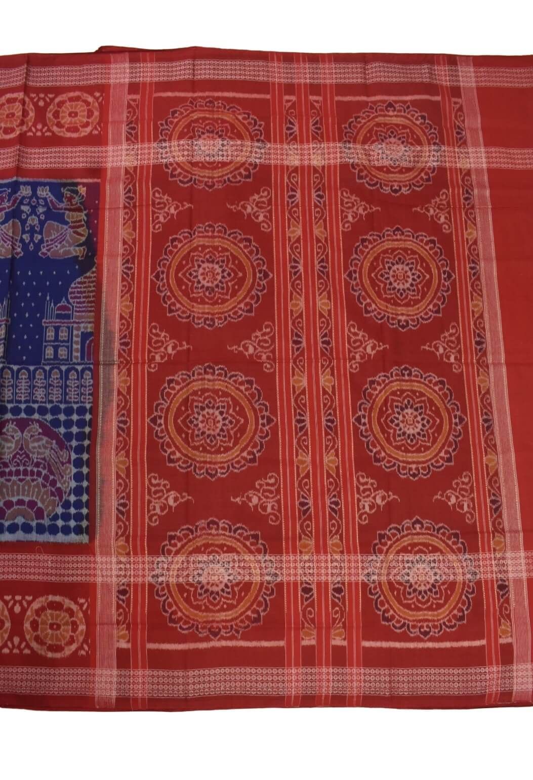 Blue-Red Colour Double Border Sambalpuri Handloom Cotton Saree - Image 2