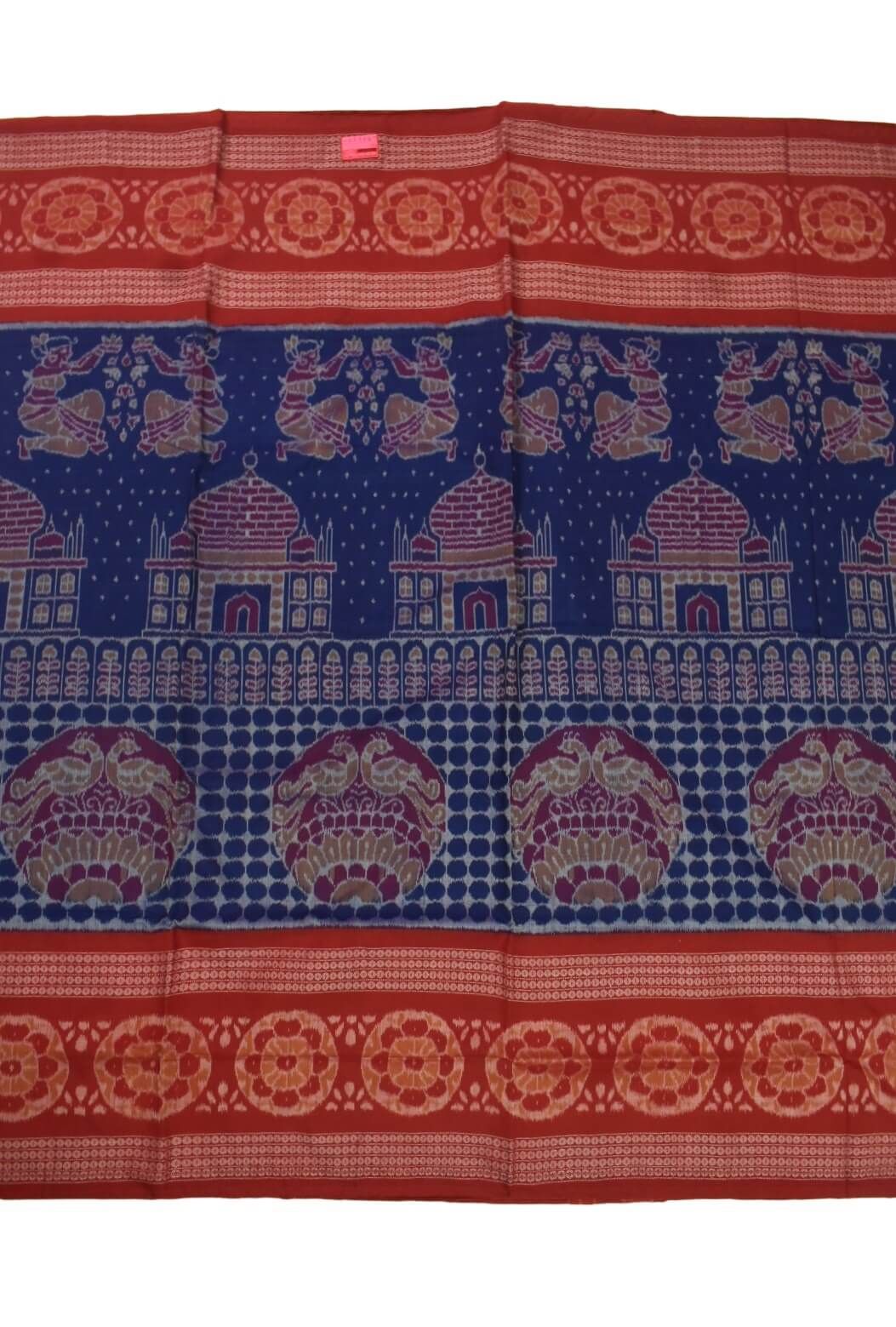 Blue-Red Colour Double Border Sambalpuri Handloom Cotton Saree
