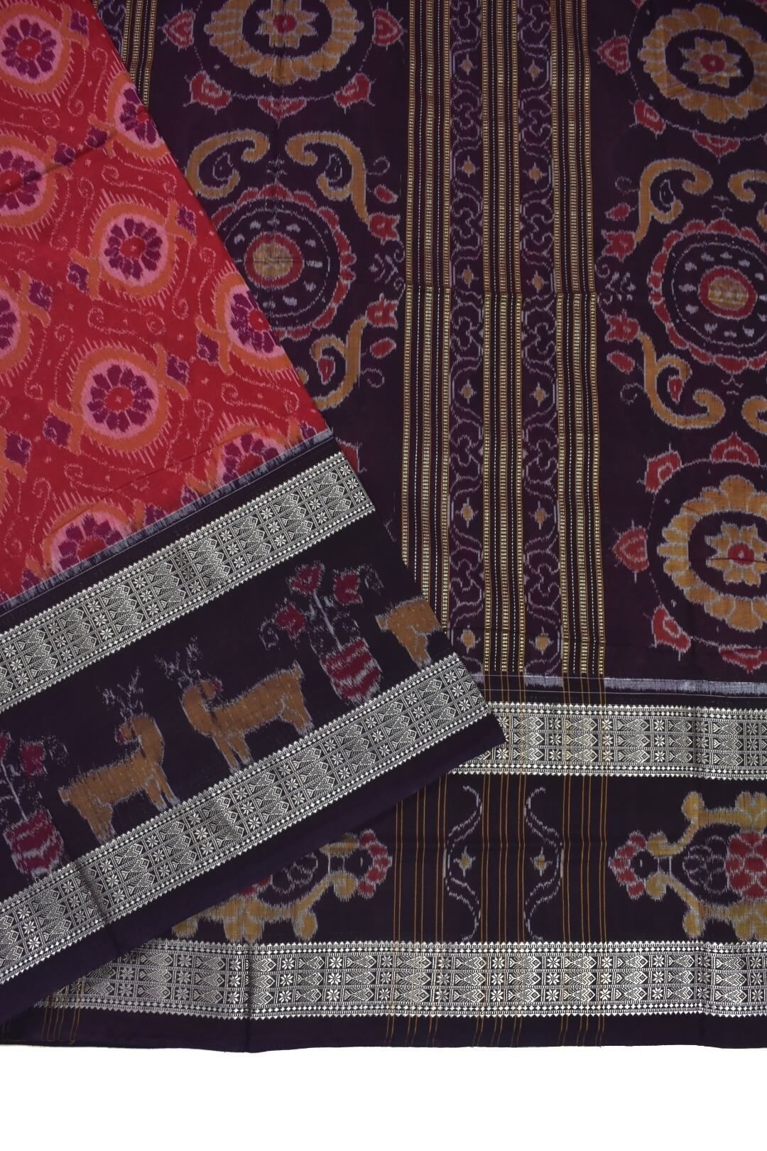Red-Black Colour Double Border Sambalpuri Handloom Cotton Saree - Image 3