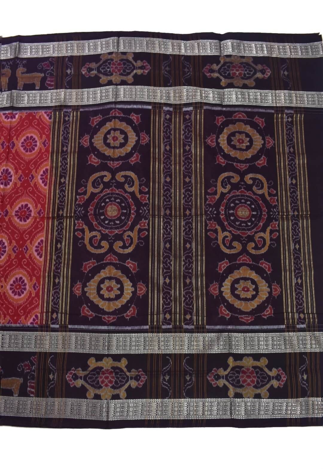 Red-Black Colour Double Border Sambalpuri Handloom Cotton Saree - Image 2
