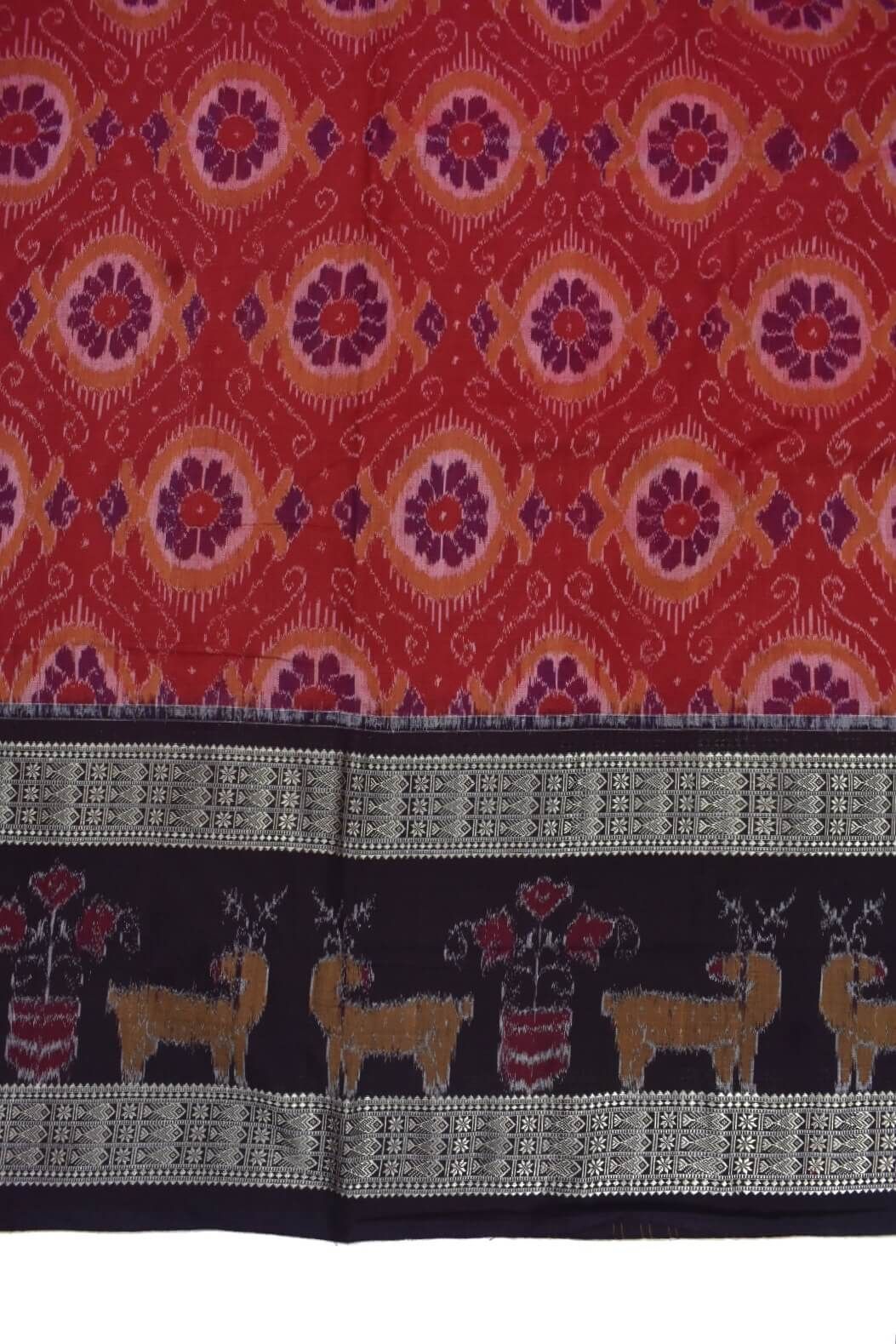 Red-Black Colour Double Border Sambalpuri Handloom Cotton Saree - Image 4