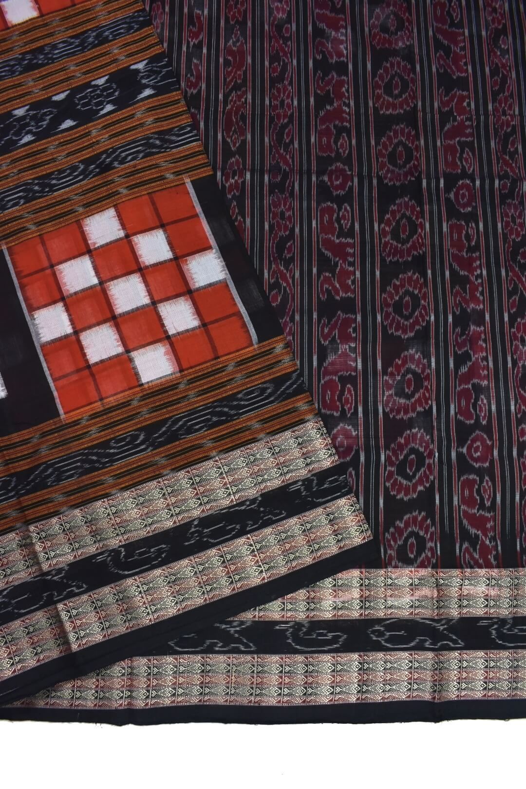 Red-Black Colour Pasapali Design Sambalpuri Handloom Cotton Saree - Image 3