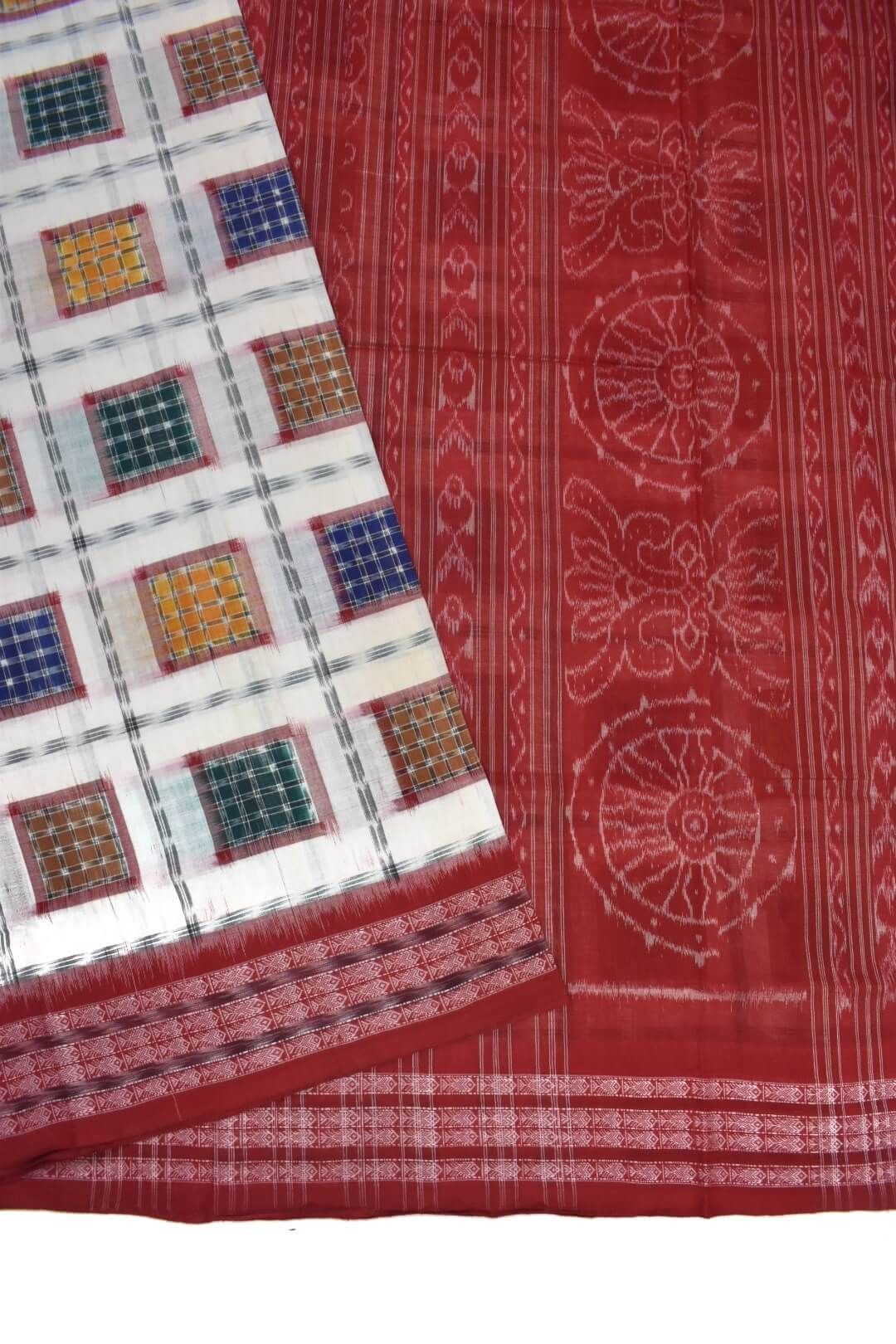 White Colour Pasapali Design Sambalpuri Handloom Cotton Saree - Image 3