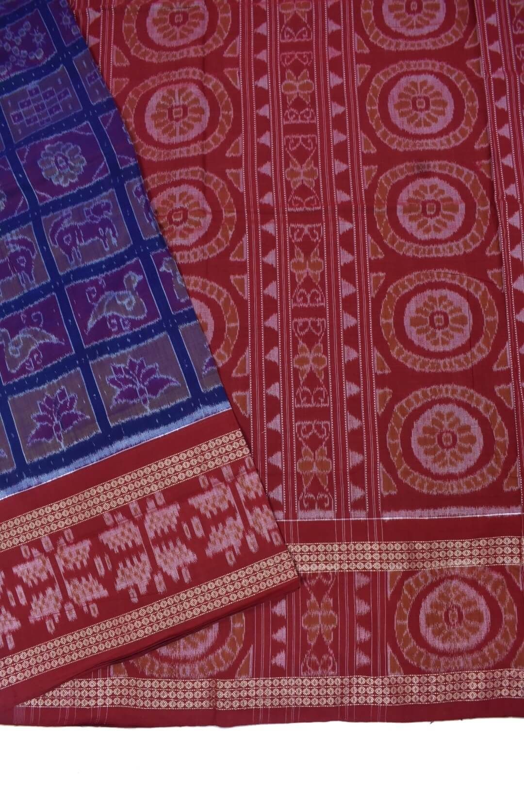 Blue-Red Colour Double Border Sambalpuri Handloom Cotton Bandha Saree - Image 3