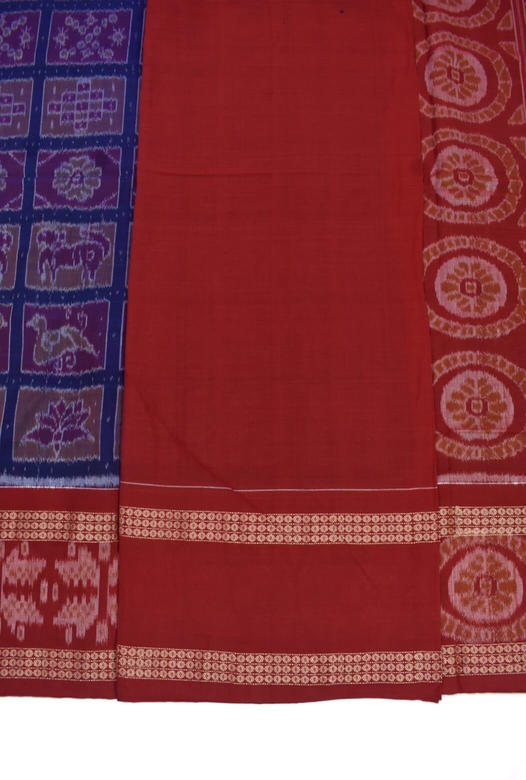 Blue-Red Colour Double Border Sambalpuri Handloom Cotton Bandha Saree - Image 5