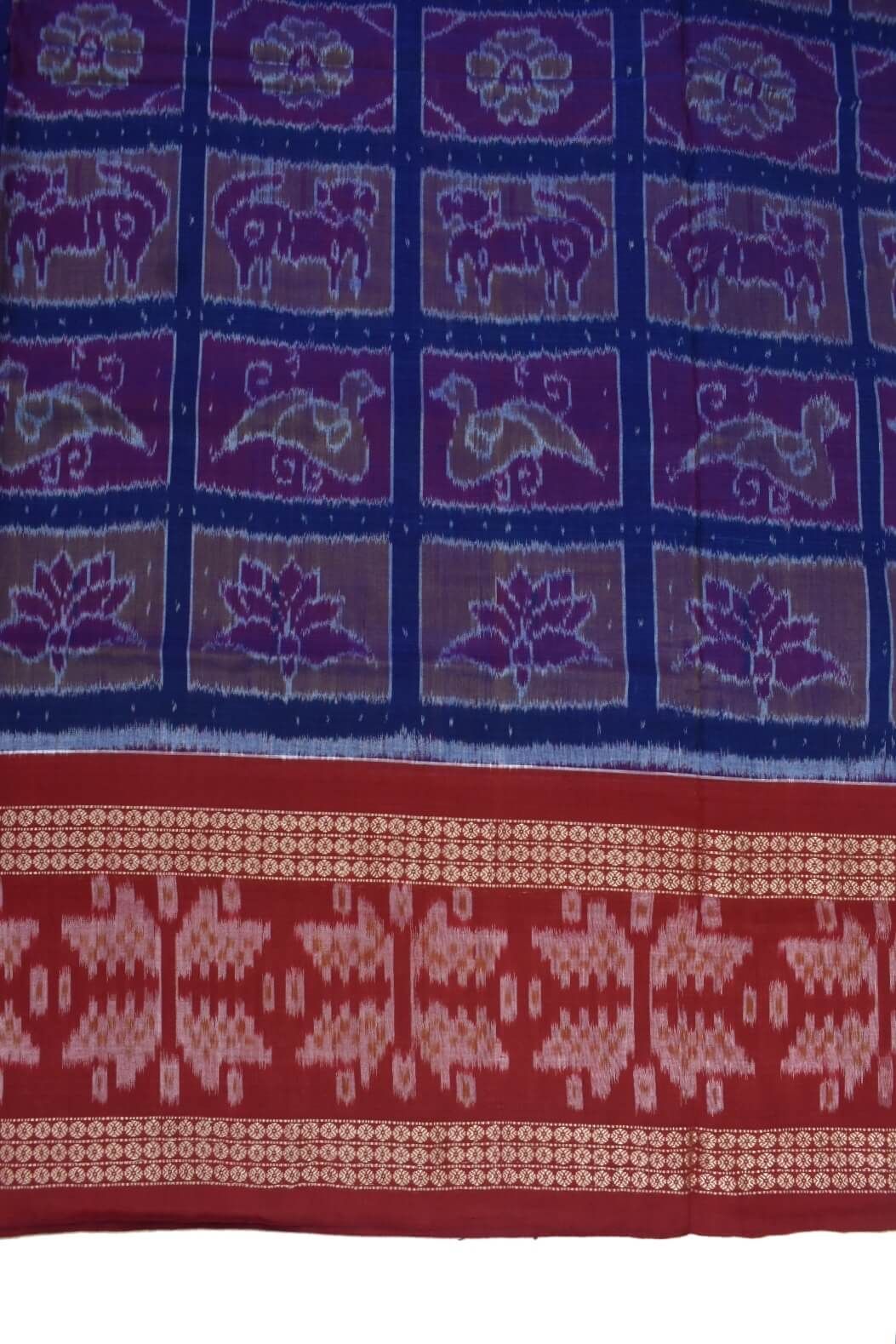 Blue-Red Colour Double Border Sambalpuri Handloom Cotton Bandha Saree - Image 4