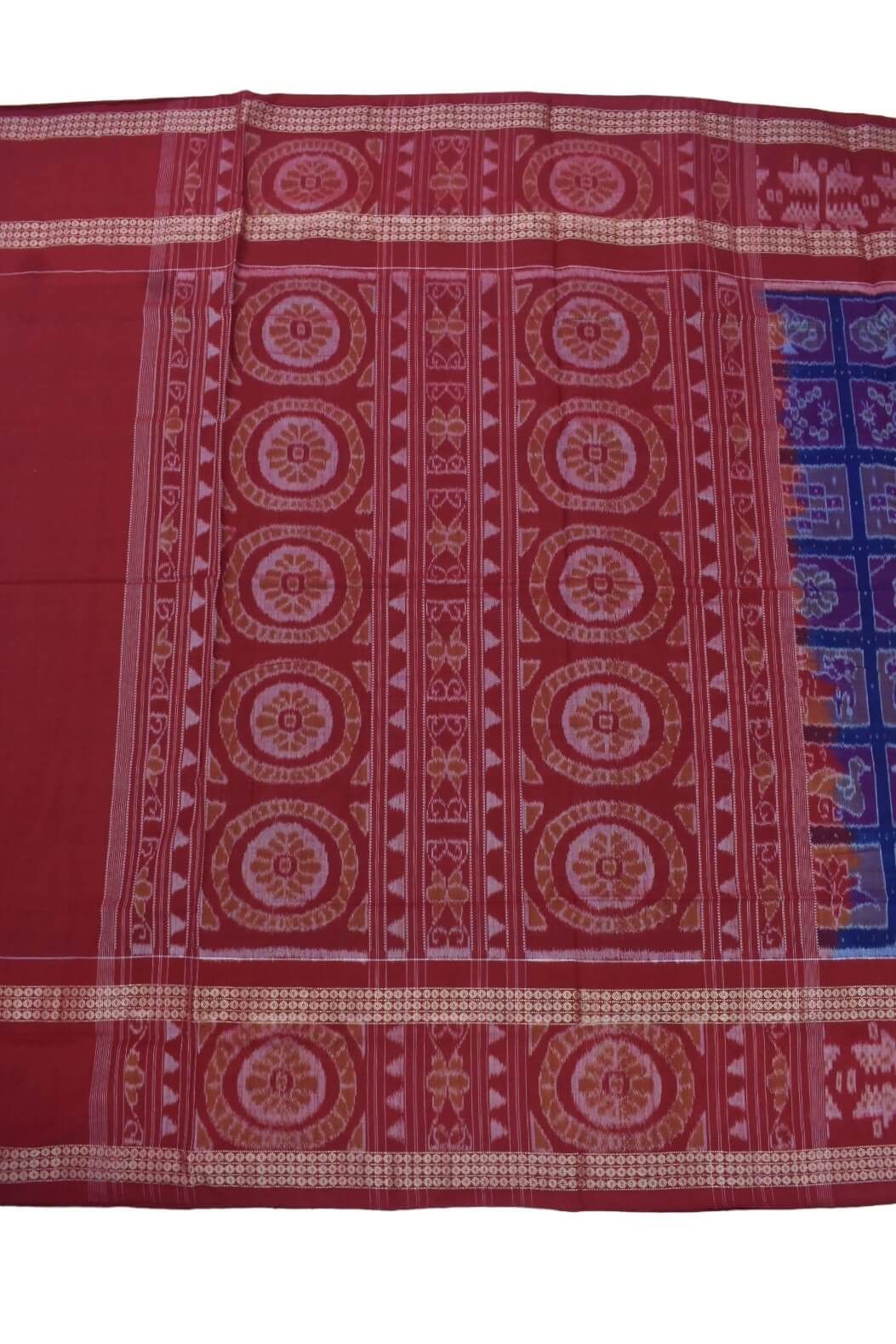 Blue-Red Colour Double Border Sambalpuri Handloom Cotton Bandha Saree - Image 2
