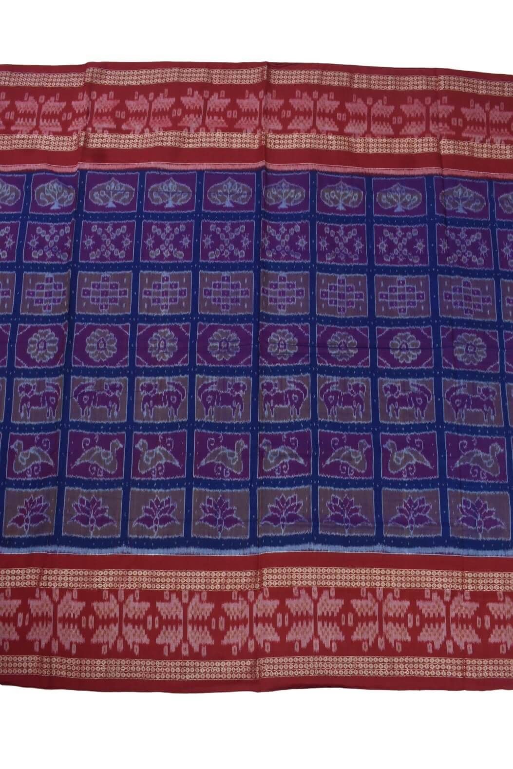 Blue-Red Colour Double Border Sambalpuri Handloom Cotton Bandha Saree