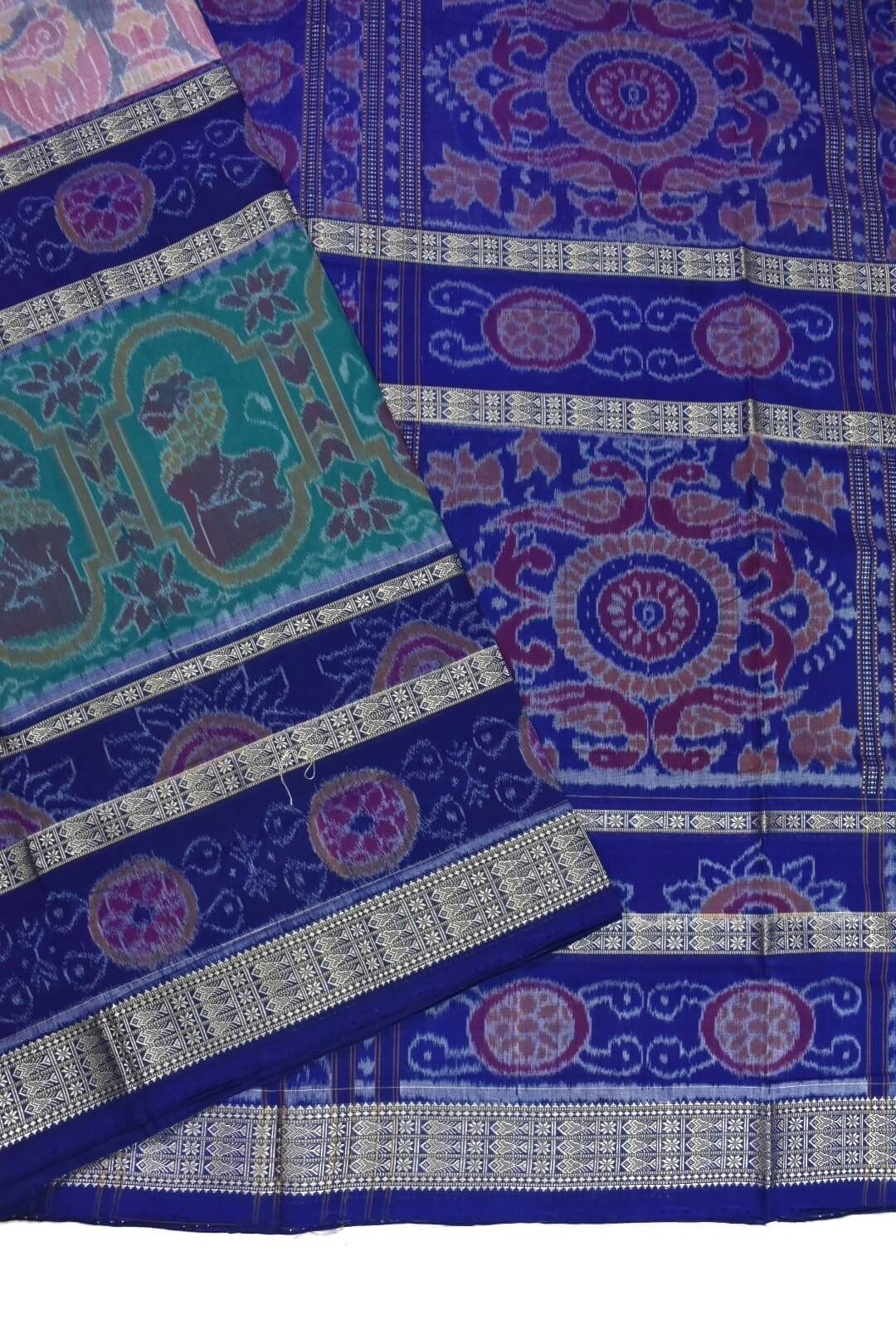 Blue Colour Double Border Sambalpuri Handloom Cotton Bandha Saree - Image 3