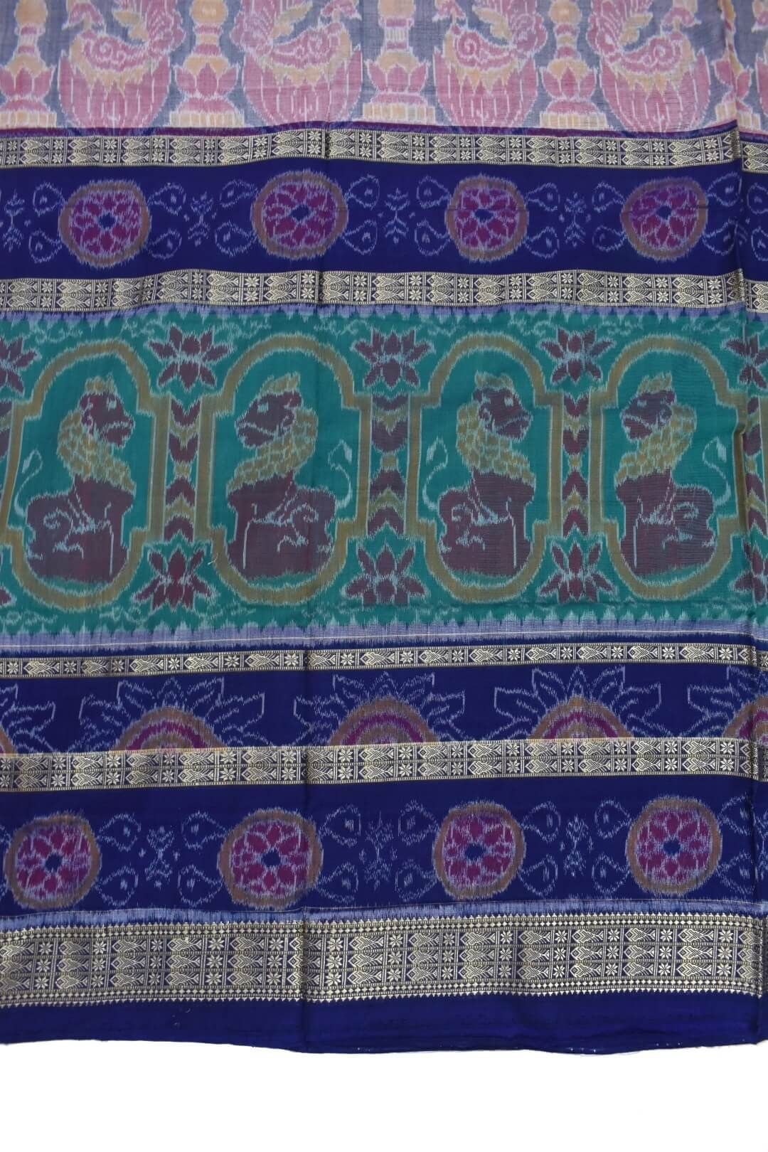 Blue Colour Double Border Sambalpuri Handloom Cotton Bandha Saree - Image 4