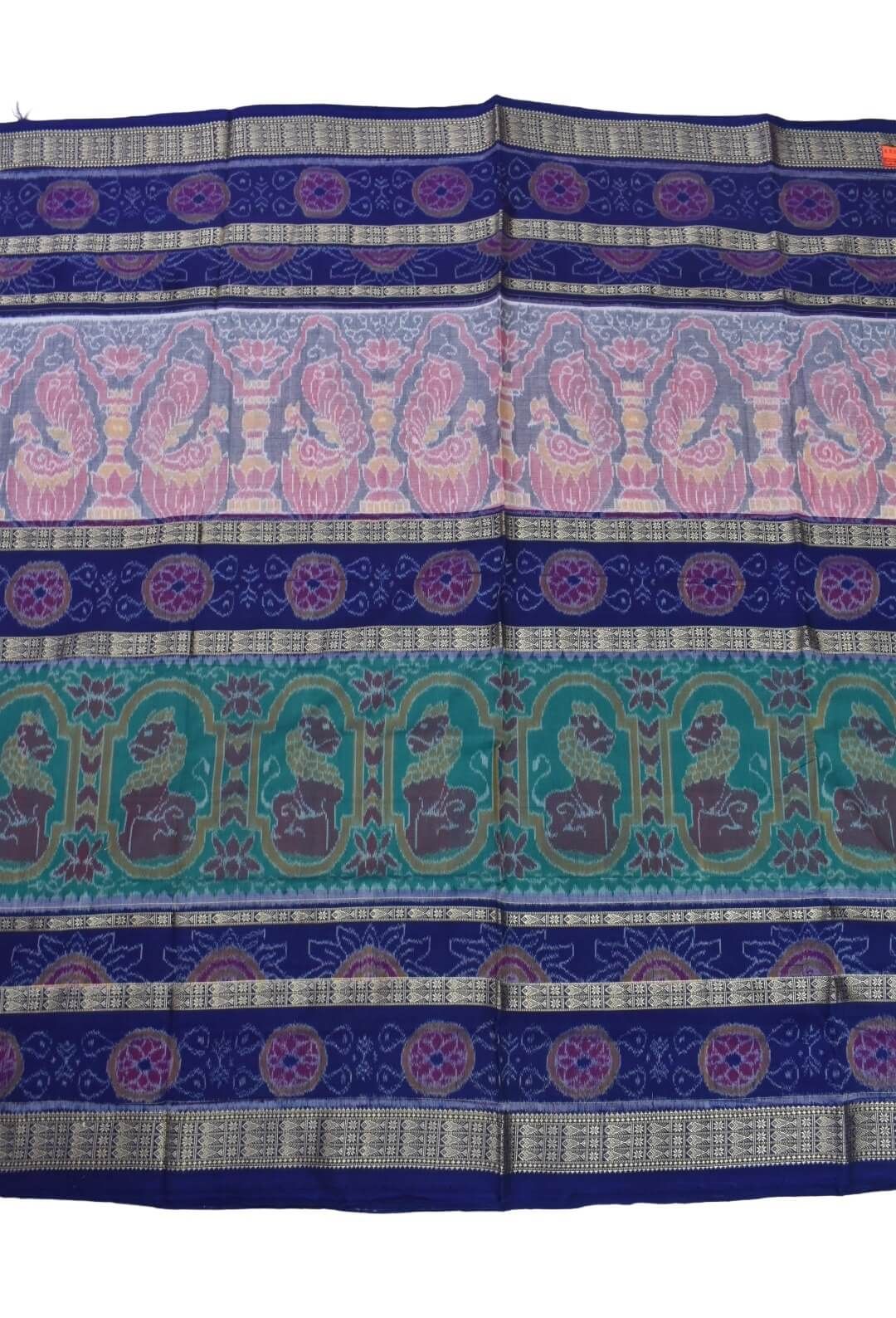 Blue Colour Double Border Sambalpuri Handloom Cotton Bandha Saree
