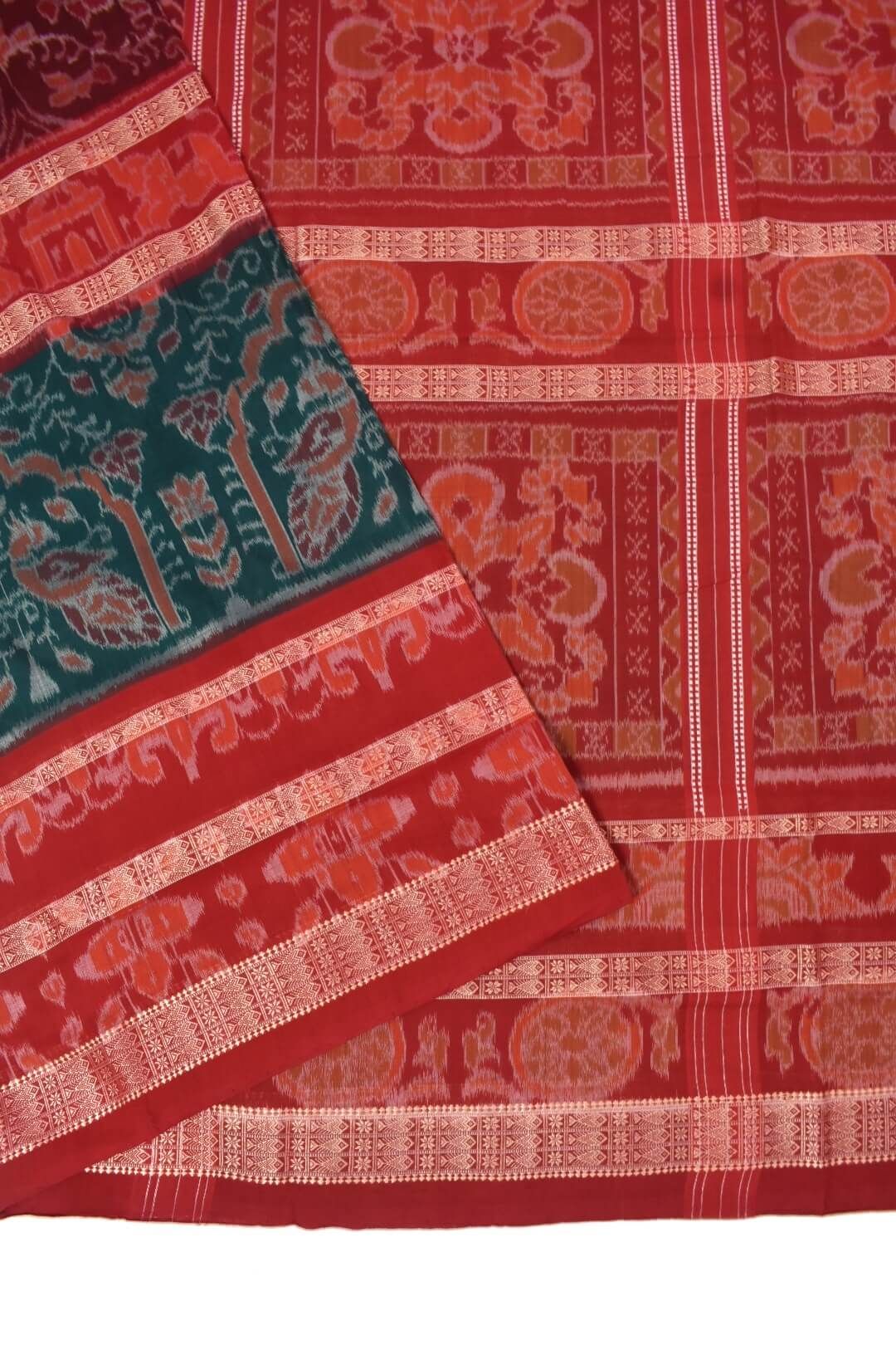 Red Colour Double Border Sambalpuri Handloom Cotton Bandha Saree - Image 3