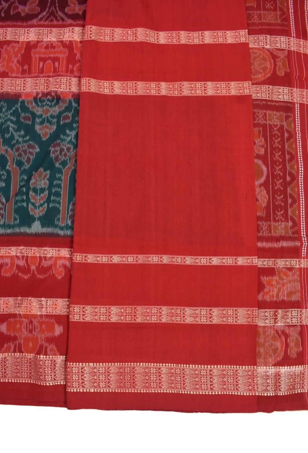 Red Colour Double Border Sambalpuri Handloom Cotton Bandha Saree - Image 5